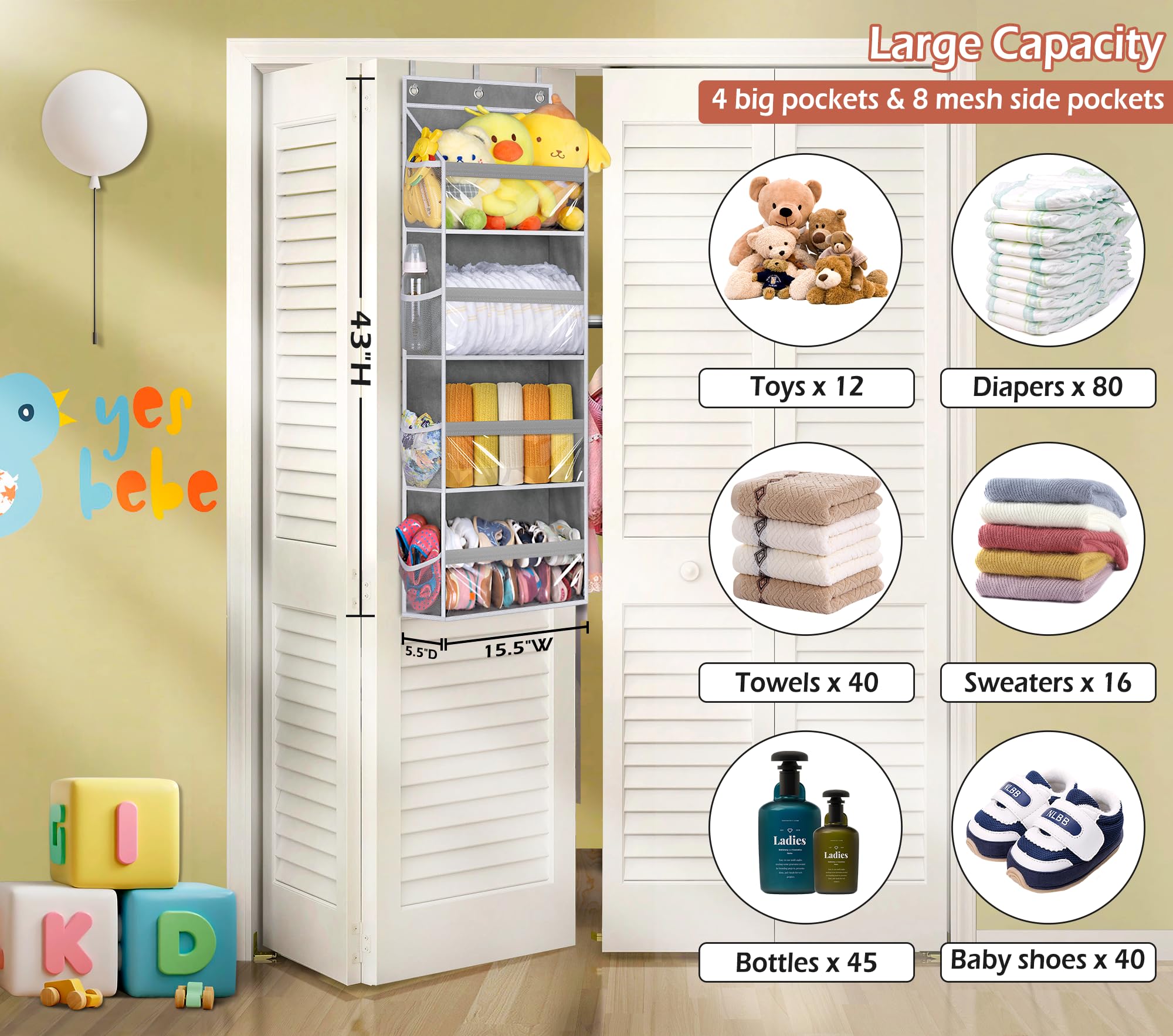 Misslo Over The Door Storage Organizer With 4 Large Pockets 8 Side Pockets Baby Hanging Closet Door Organizer Heavy Duty Over Th