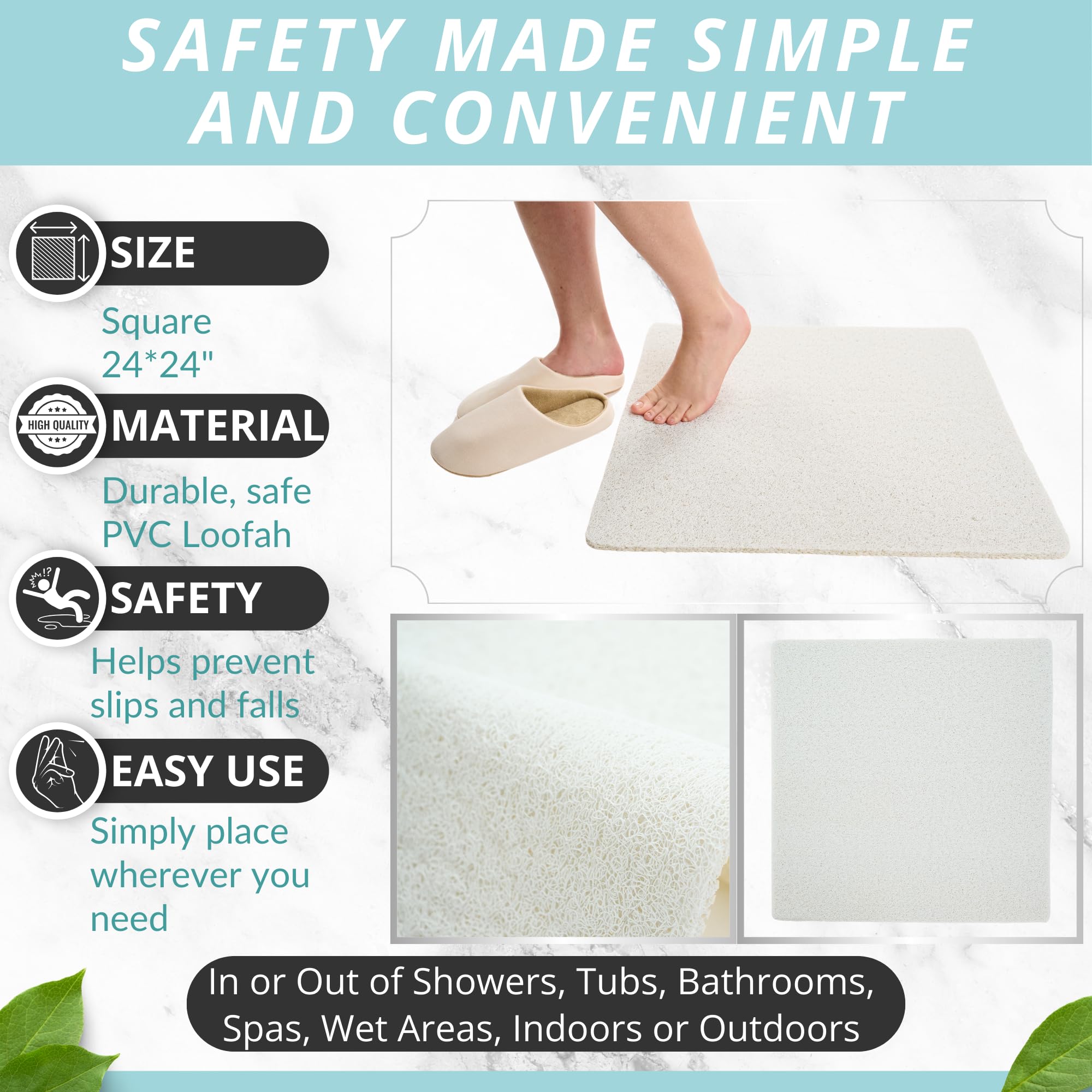 Enkosi Loofah Shower Mat Non Slip - Shower Mats For Showers Anti Slip For Elderly - Shower Mats For Bathroom - Square Shower Mat
