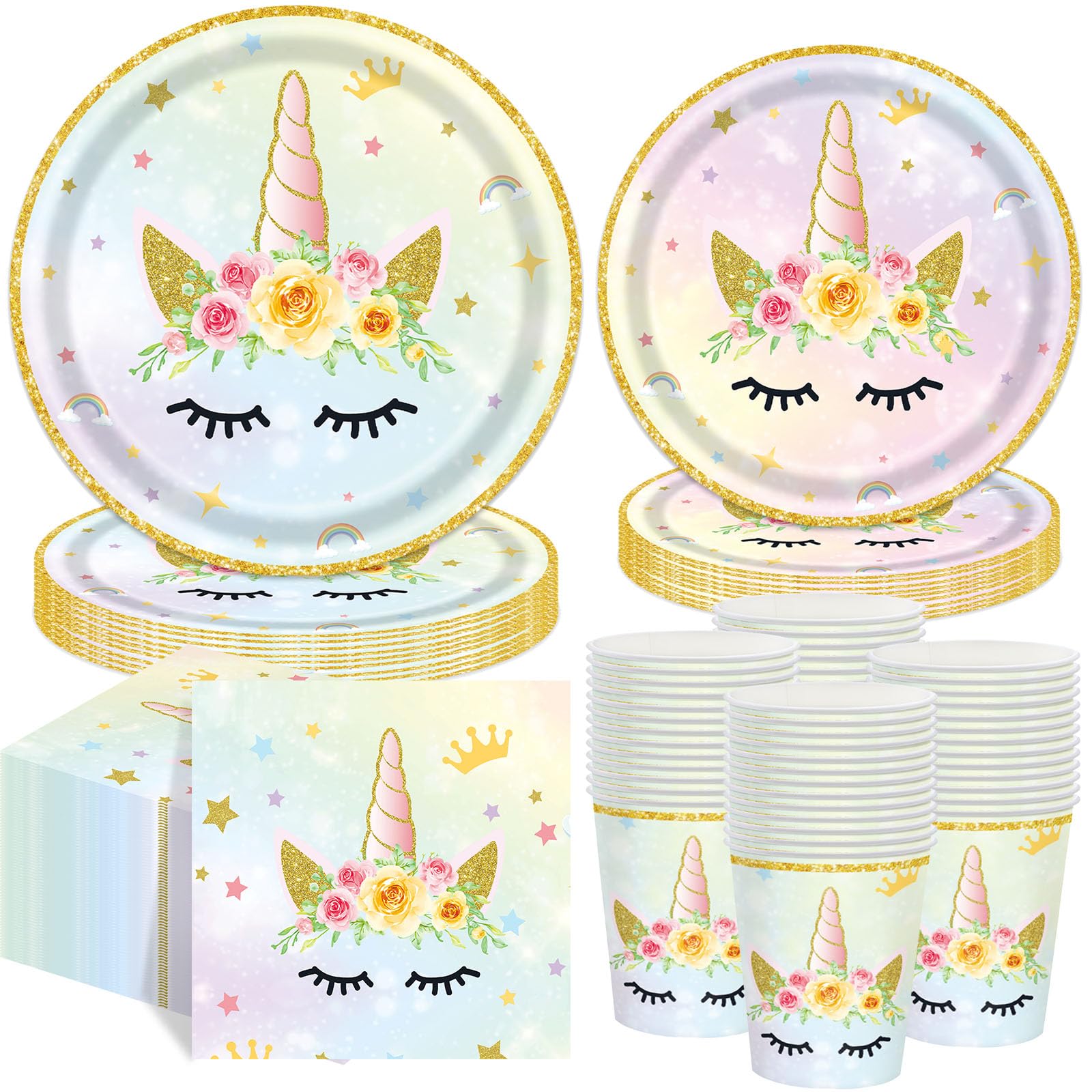 Funnymoom 250 Pcs Unicorn Fairy Party Decoration for Girl, Happy Birthday Rainbow Floral Pastel Fairy Theme Paper Plates Napkins