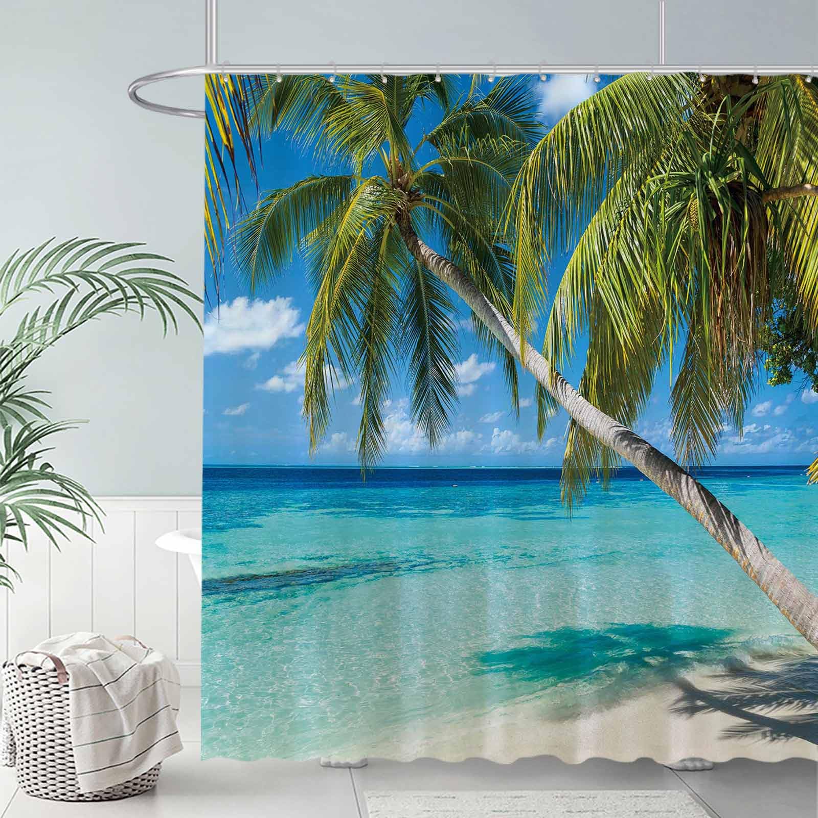 Allenjoy 72X72 Inch Summer Seaside Shower Curtain Tropical Paradise Beach Blue Sky Palm Tree Decor Home Bathroom Bathtub Curtain