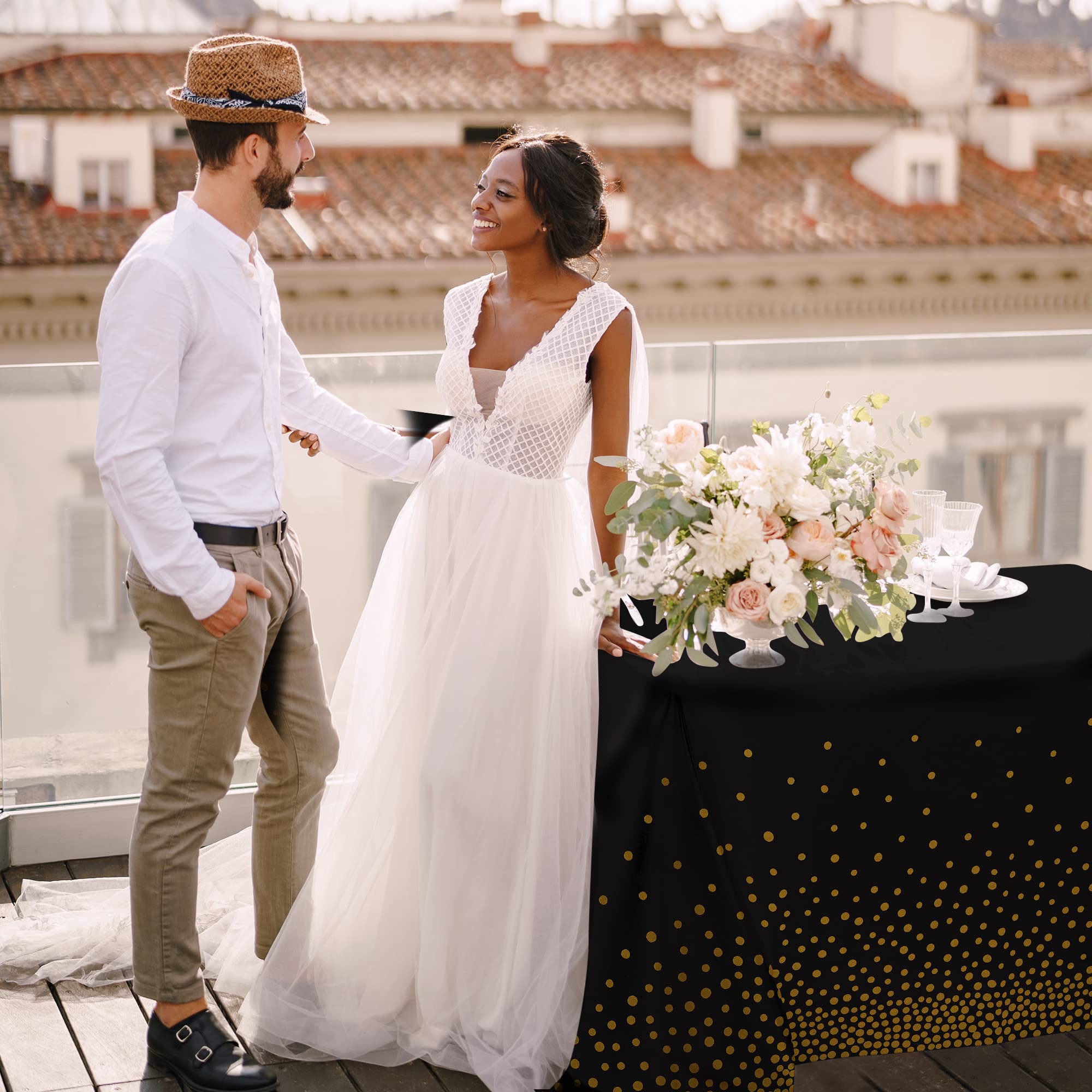 8 Pack Black Plastic Tablecloth - 54 X 108 Plastic Table Cloths For Parties Disposable - Black And Gold Party Decorations Table