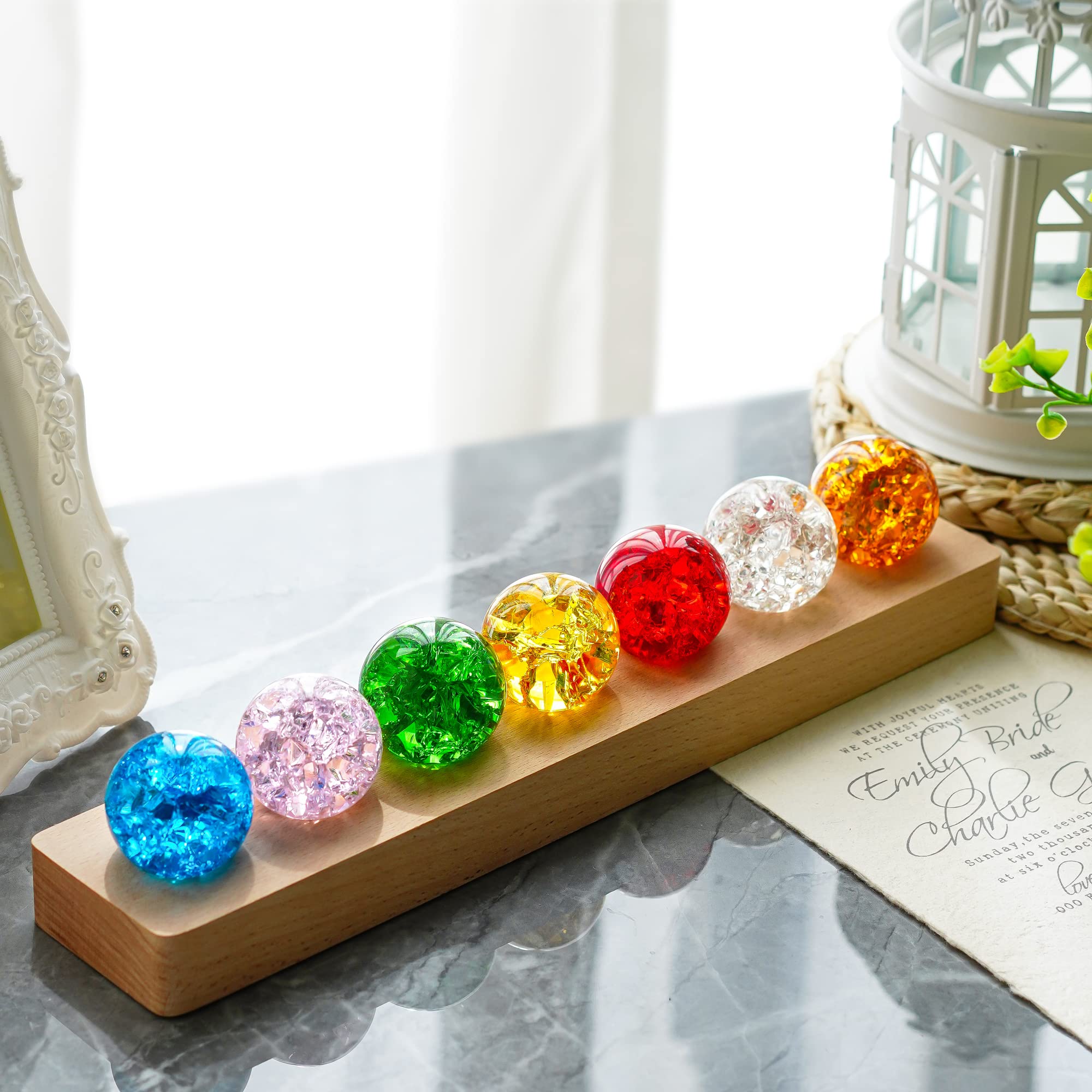 KRISININE 7 Colors 40mm Ice Cracked Balls Crystal Chakra Balls with LED Wooden Base Glass Healing Sphere Balls with Stand Night 