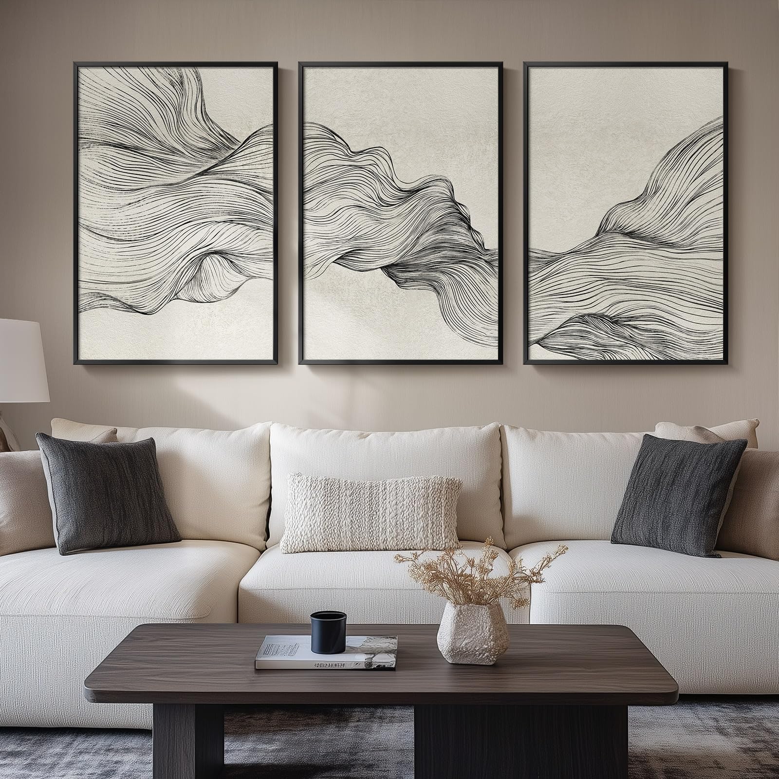 Large Framed Black And White Abstract Wall Art For Living Room, 3 Piece Modern Canvas Prints Paintings For Walls, Minimalist Bla