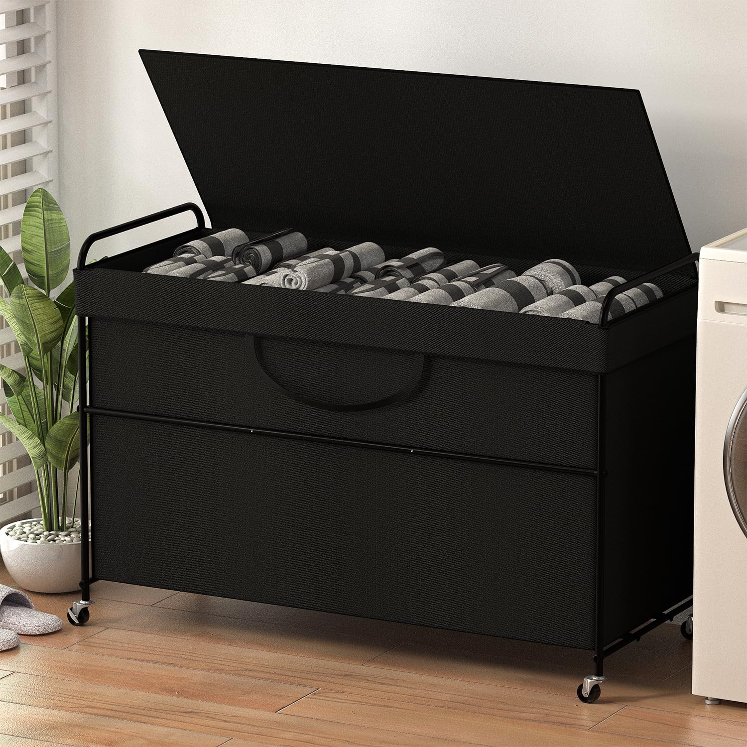 Ykdirect 240L Large Laundry Hamper, 4-Section Laundry Basket With Lid, Removable Bag & Metal Structure With Industrial Wheels, S