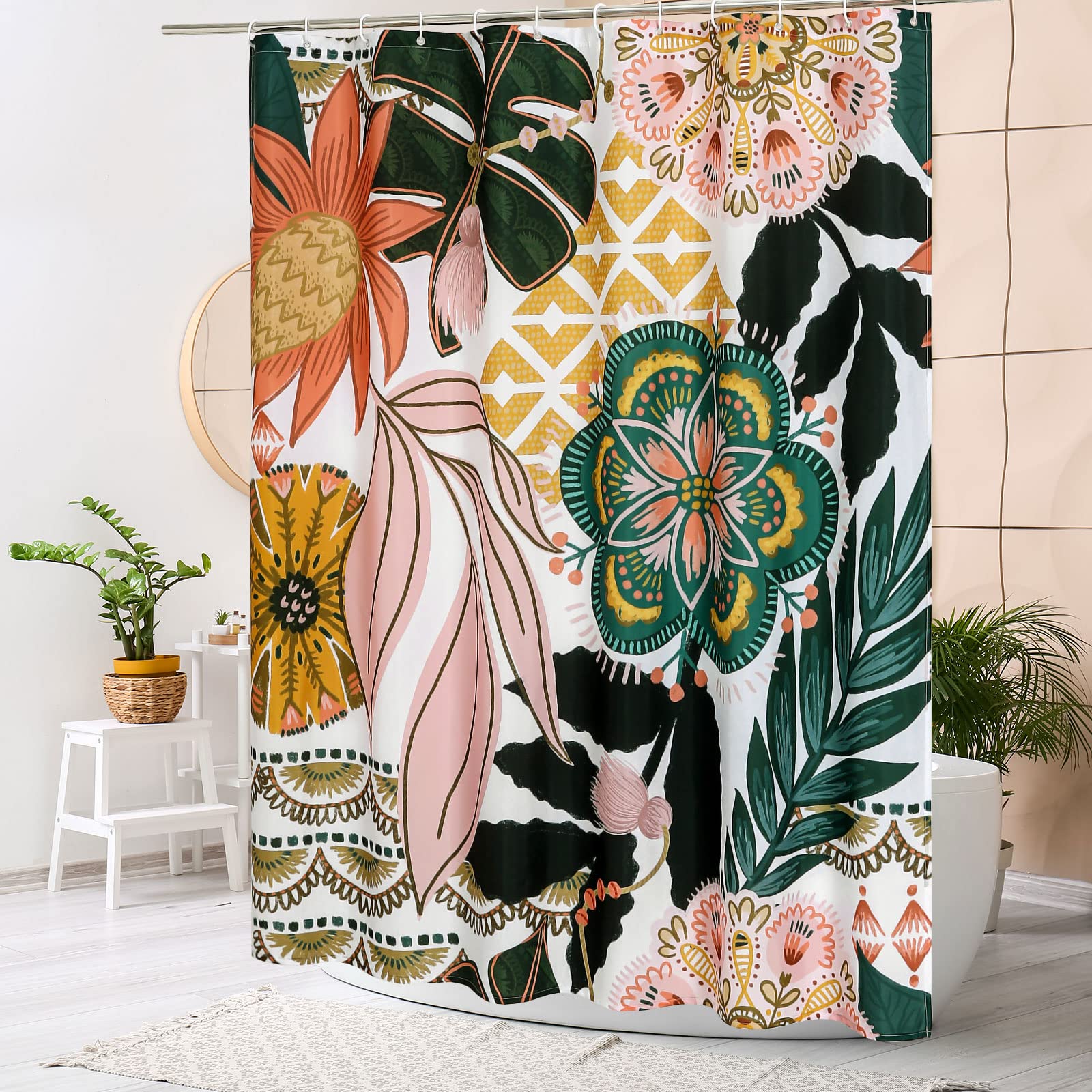 Mitovilla Boho Floral Shower Curtain Set With Hooks, Tropical Leaves Fabric Cloth Shower Curtains For Rustic Vintage Bathroom De