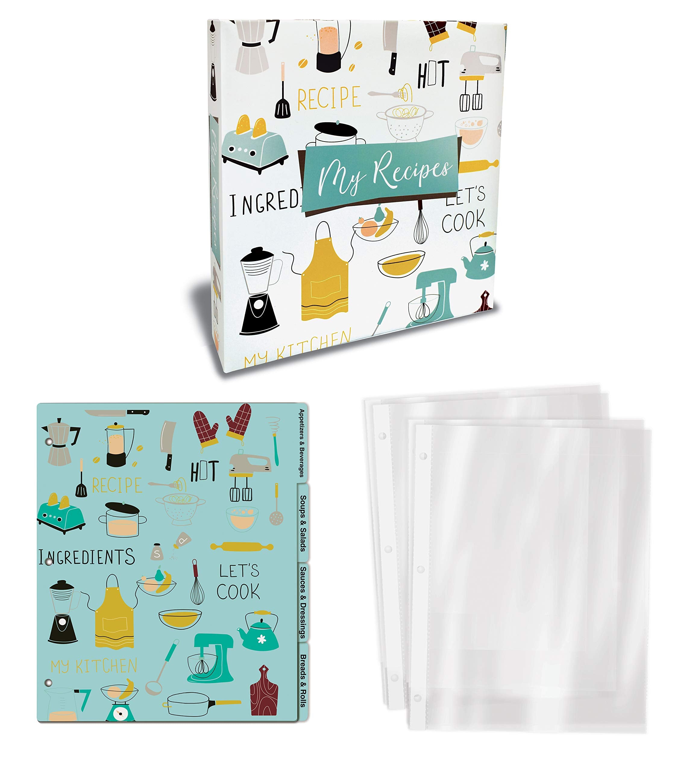 Recipe Binder  Full Page 3 Ring Standard Binder Organizer Set (with 50 Page Protectors & 12 Category Divider Tabs) by Better Kitchen Products  11.5'' x 12'' Vintage Kitchen Design