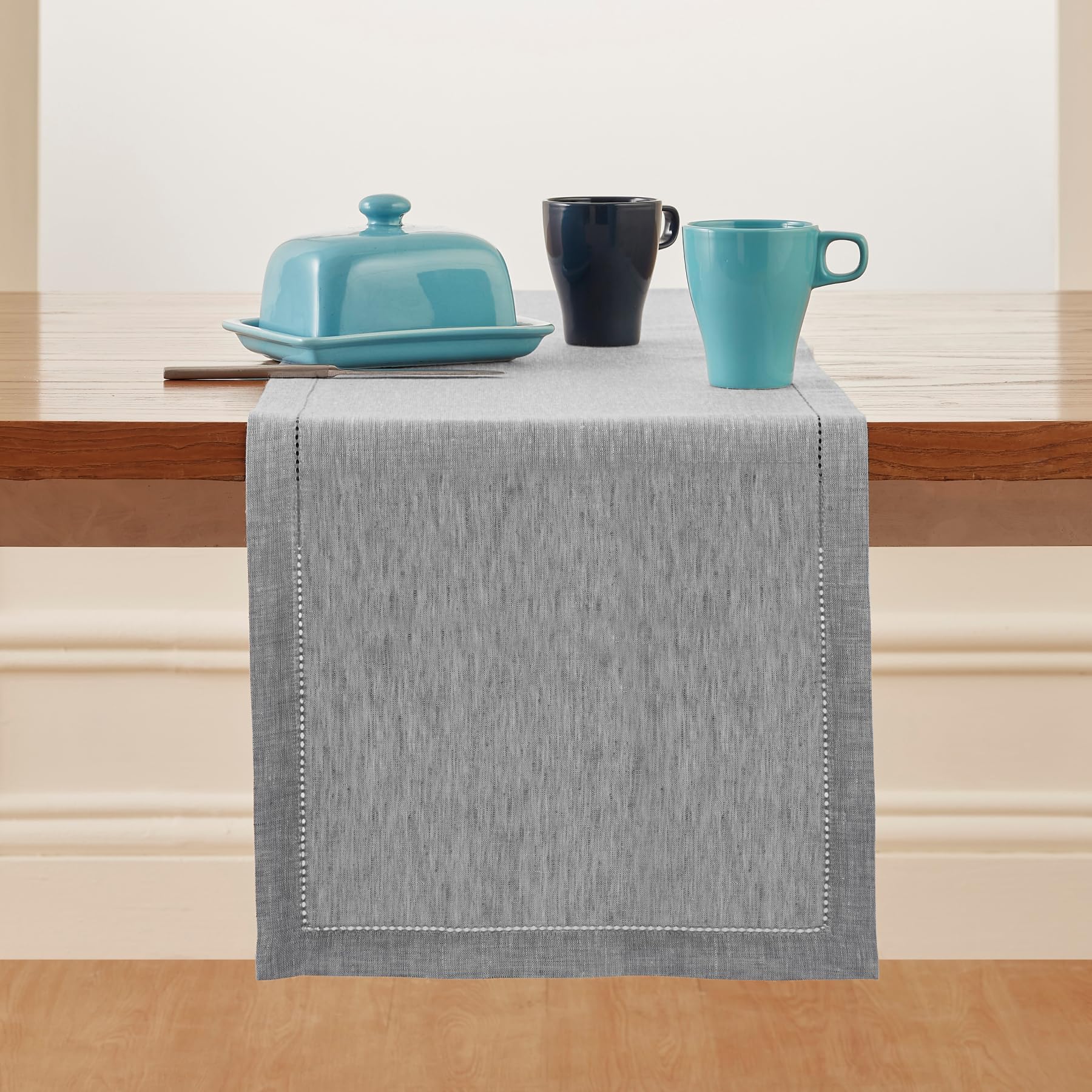 Solino Home Linen Table Runner 36 Inch - Oyster Grey, 100% Pure Linen Hemstitch Short Table Runner 14 X 36 Inch Ideal For Dresse