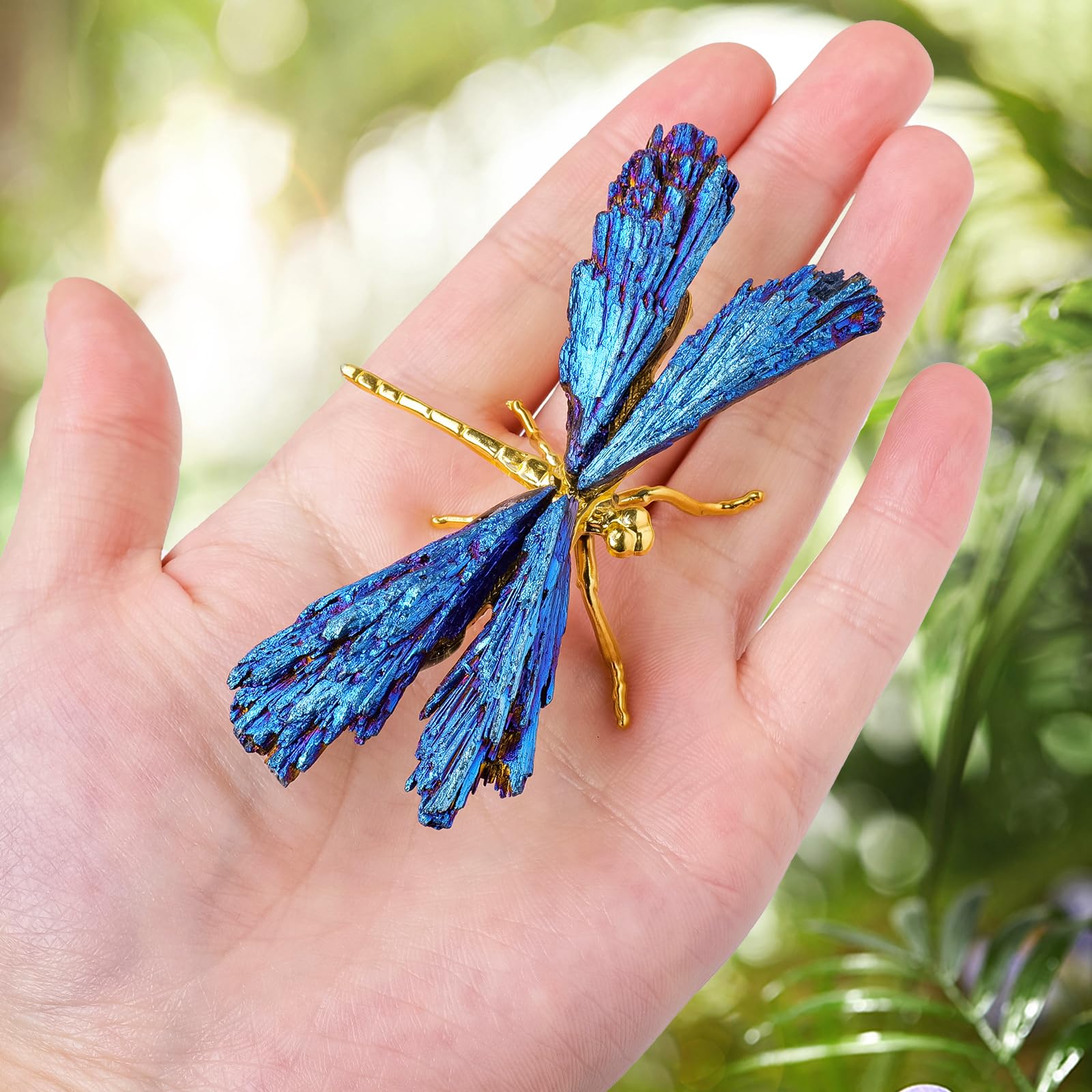 RJINGSHI Dragonfly Statue Natural Electroplated Blue Tourmaline Dragonfly Decor Collection Natural Home Decor Healing Crystals D