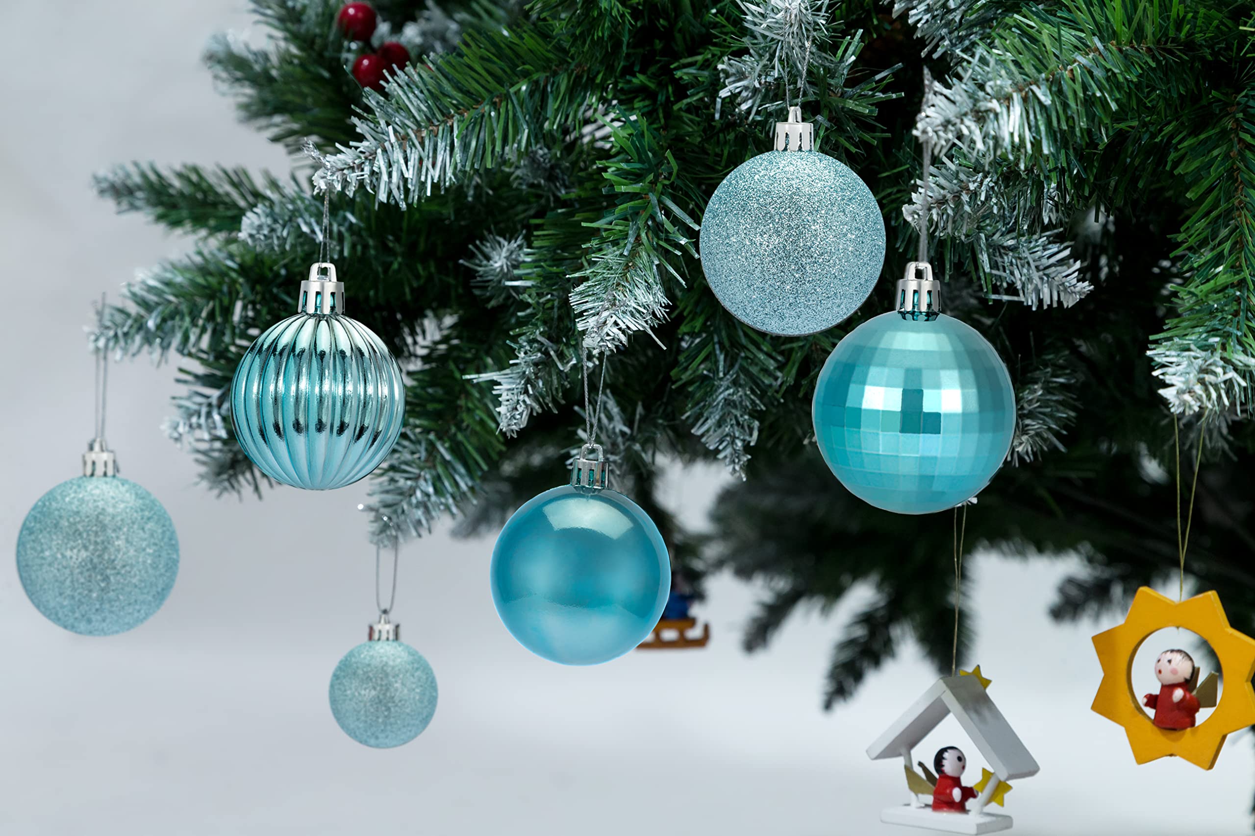 AUXO-FUN Small Size 28ct shatterproof Christmas Ball Ornaments in 4 Classic finishes for Christmas Tree Decoration (Light Blue,