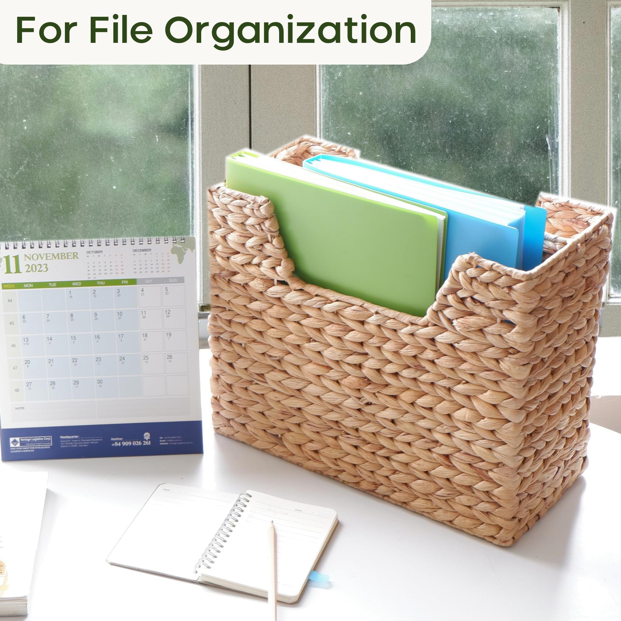 Chi An Home Wicker Magazine Basket, Water Hyacinth Organizer For Files, Books & Newspapers, Divided Rattan Basket With Handle, S