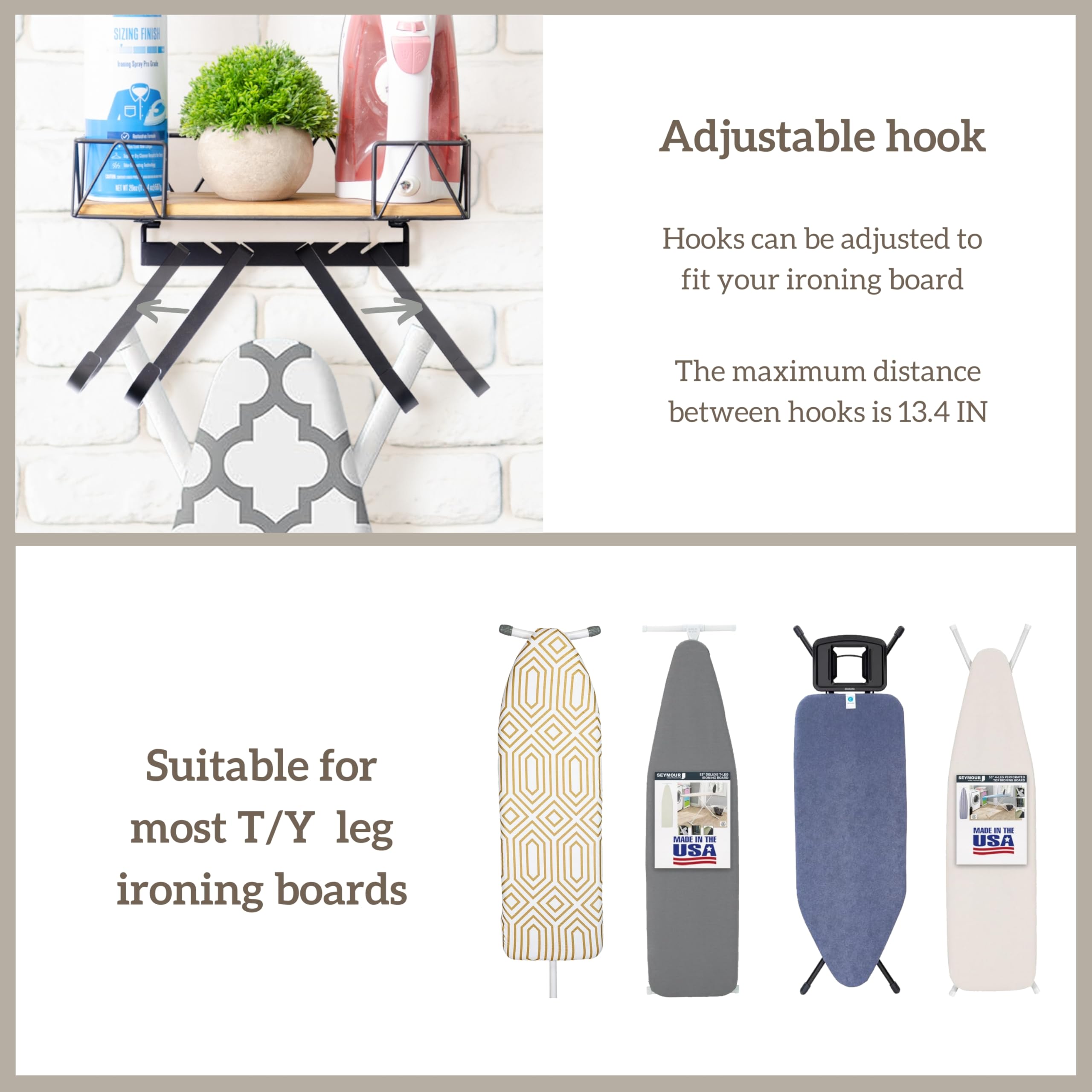 Perfnique Ironing Board Holder, Iron Board Wall Mount, Ironing Board Hanger, Laundry Room Organization With Removable Hooks(T&V