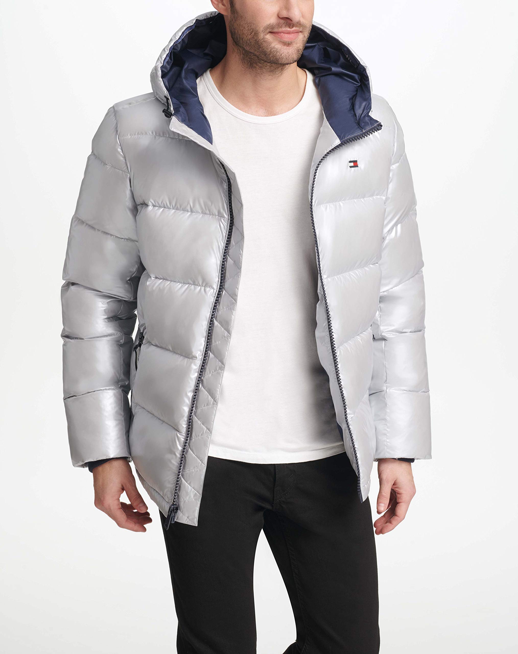 Tommy Hilfiger Mens Hooded Puffer Jacket, Pearlized Grey, X-Large