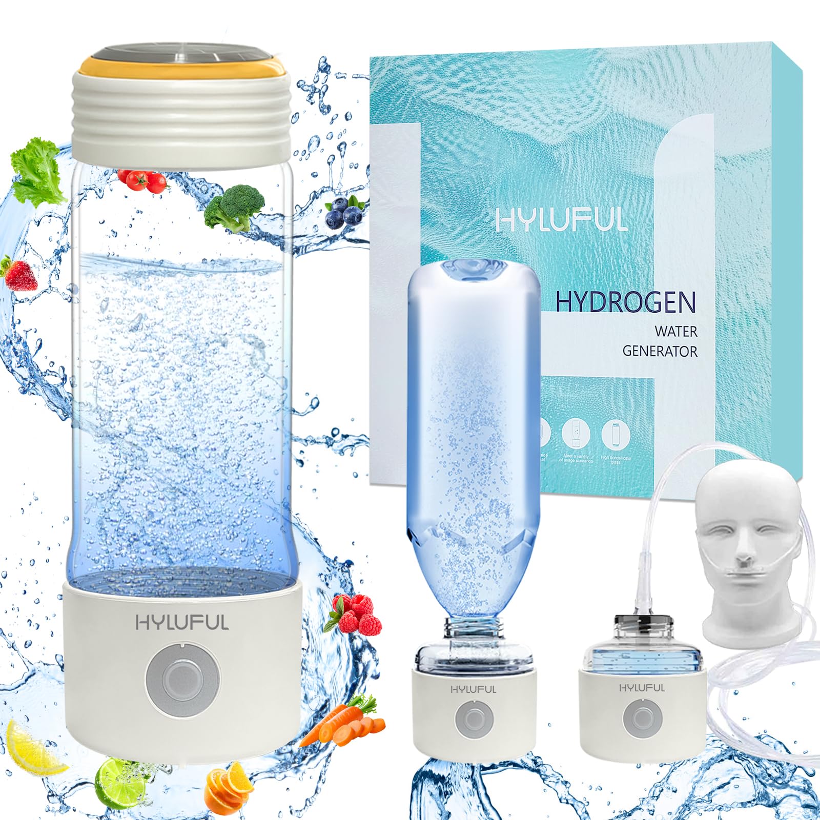 HYLUFUL 3 in 1 2300PPB Hydrogen Water Bottle, Hydrogen Water Bottle Generator Glass with SPE/PEM Technology Portable Hydrogen Wa
