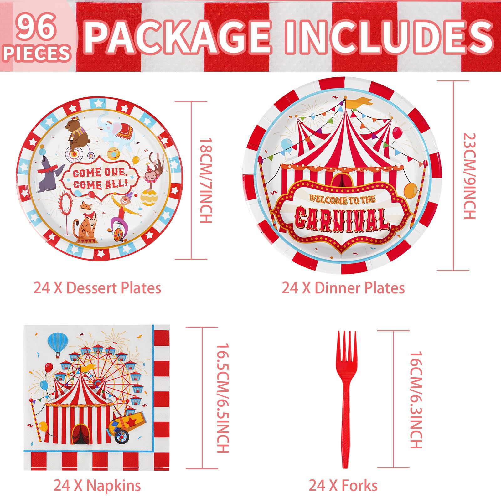Grencian 96Pcs Carnival Party Decorations Carnival Circus Plates and Napkins Disposable Circus Theme Birthday Paper Tableware Se