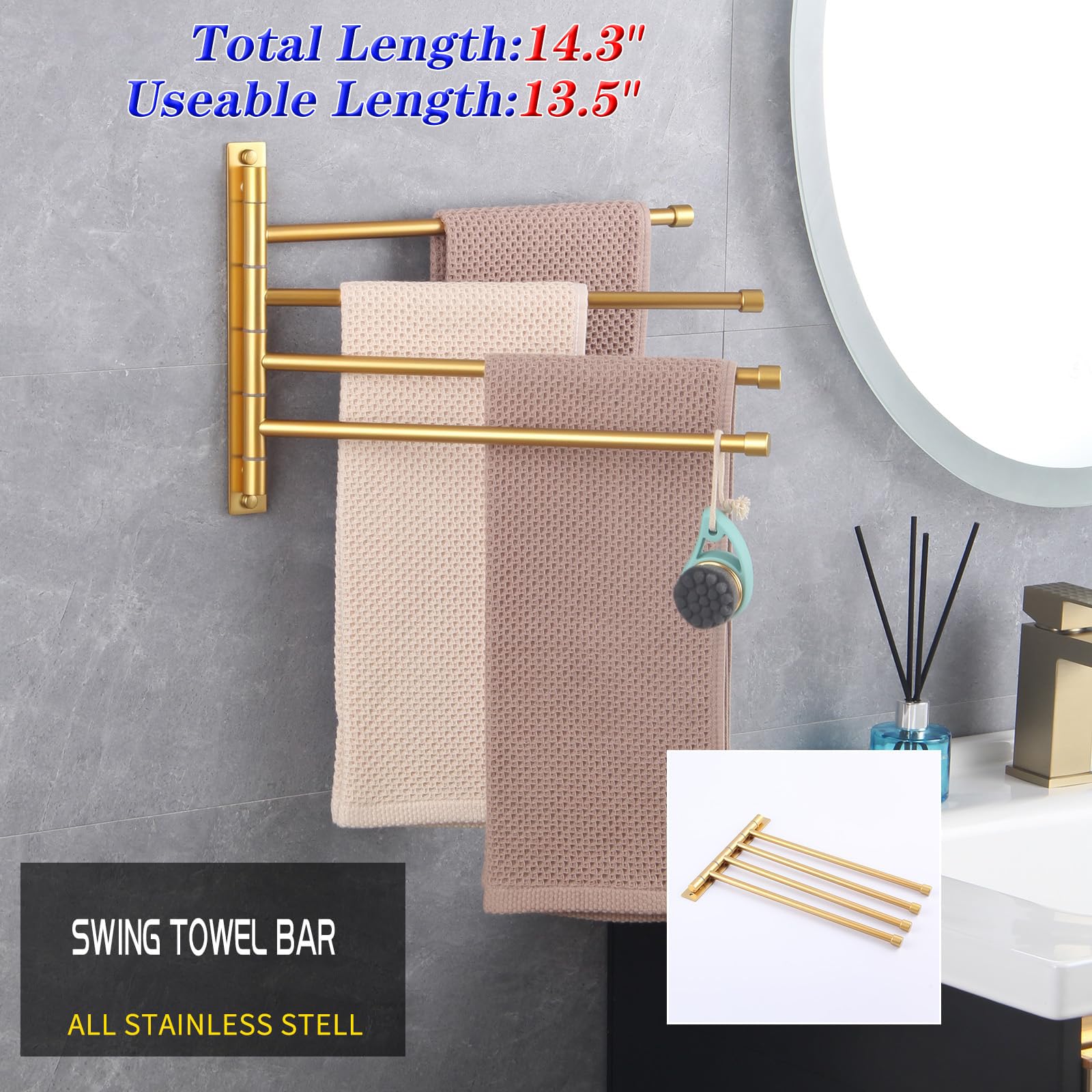 Gerzwy Wall Mount Bath Towel Rack With 4 Arms Hanger Towel Holder Bathroom Swing Arm Towel Bars Organizer Stainless Steel Gold F