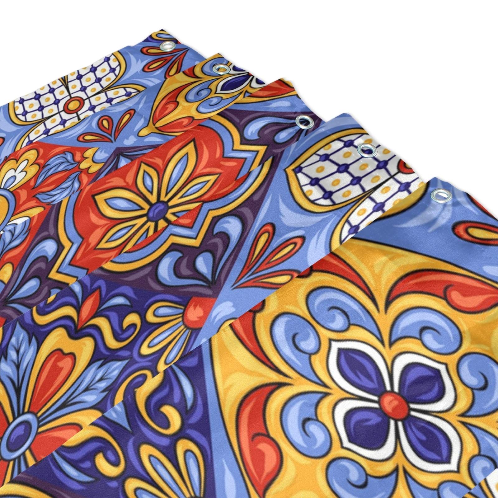 Wellday Shower Curtain Mexican Talavera Ceramic Tile Pattern Bathroom Decor Waterproof Fabric With Hooks 60X72 Inch