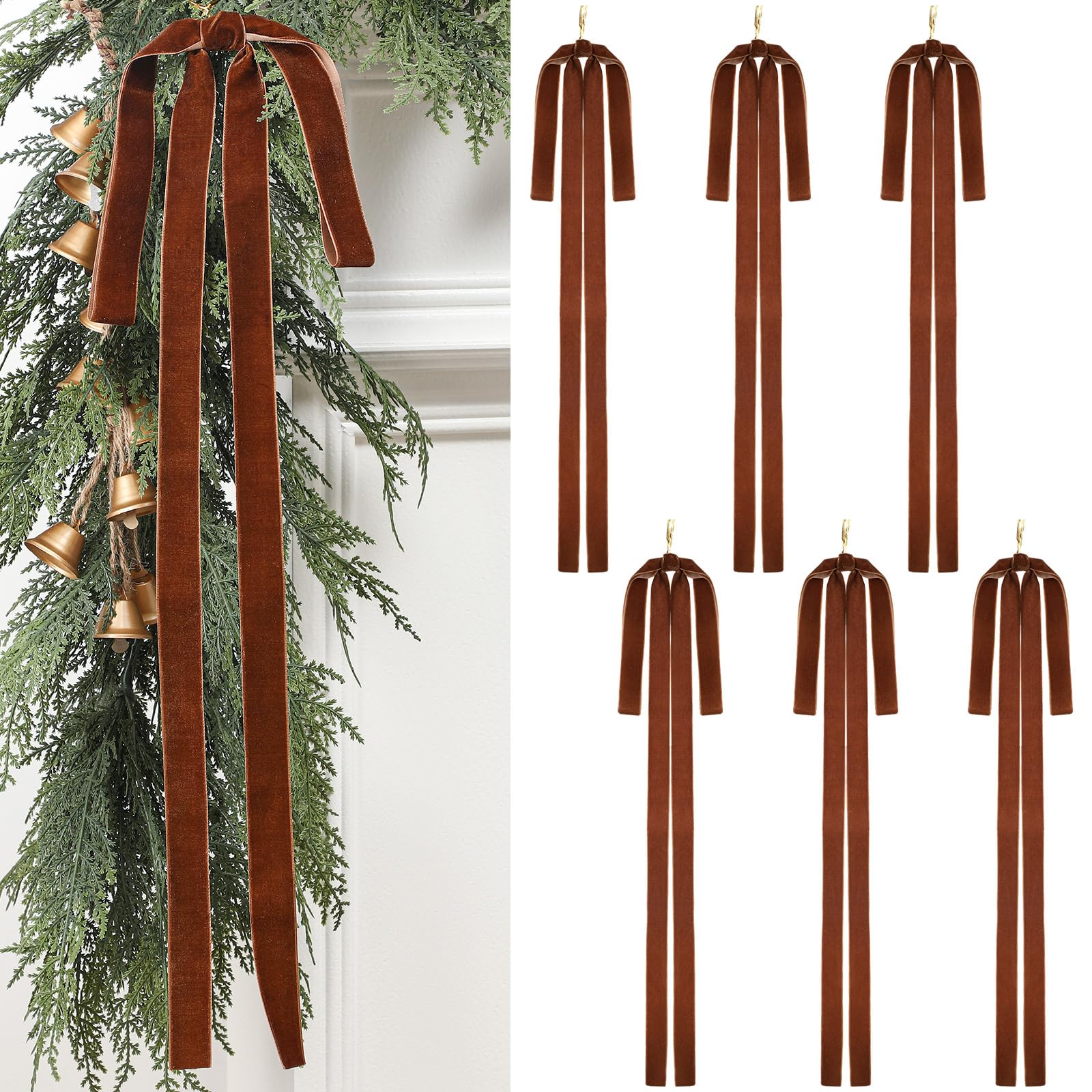 Janinka 6 Pcs Dark Brown Long Velvet Bow Ornaments Christmas Swag 23.5x15.5 Inch Rustic Vintage Large Velvet Christmas Staircase