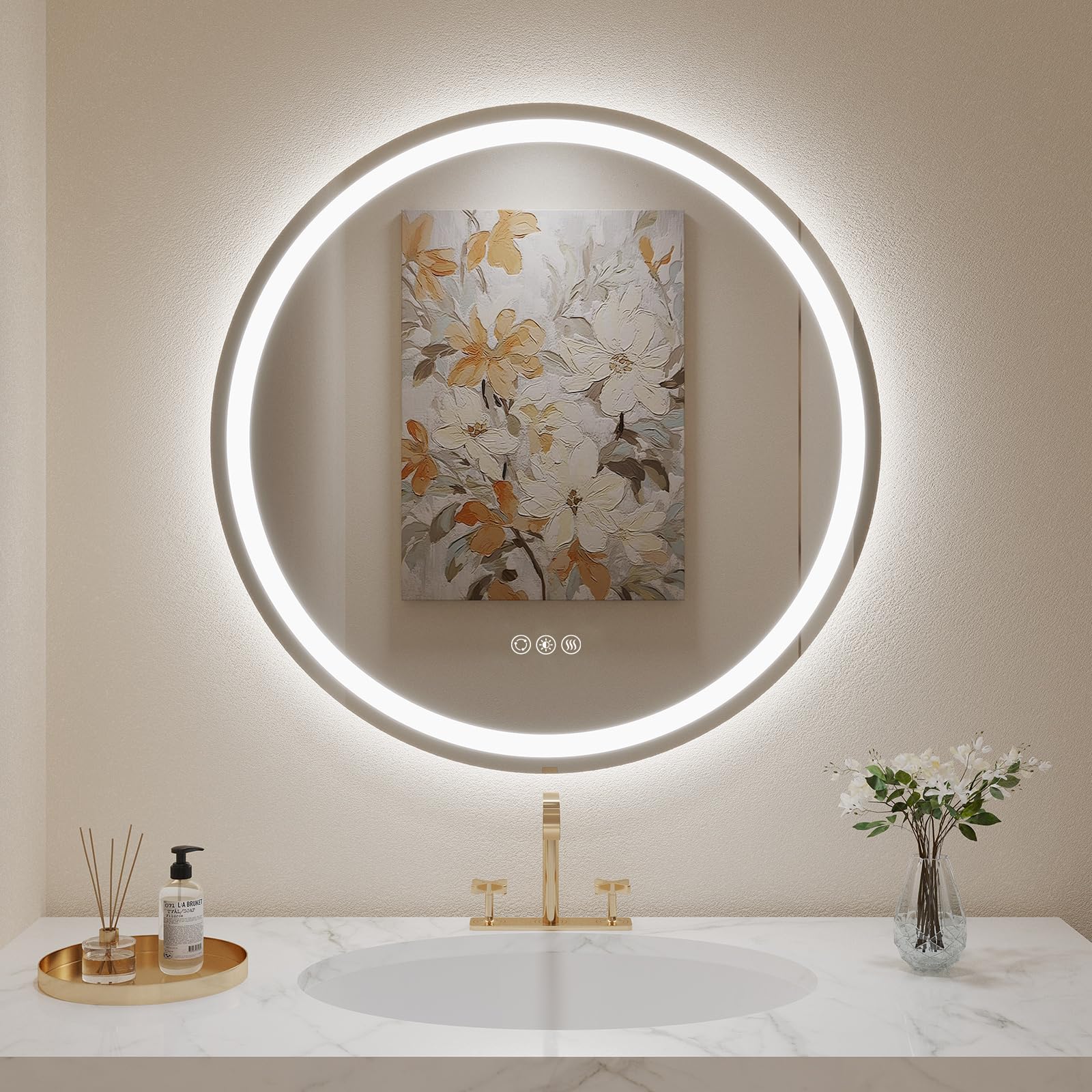 Lovespejo 28'' Round Led Mirror For Bathroom Front And Backlit Wall Mounted Bathroom Mirror With Lights, Anti-Fog, Stepless Dimm