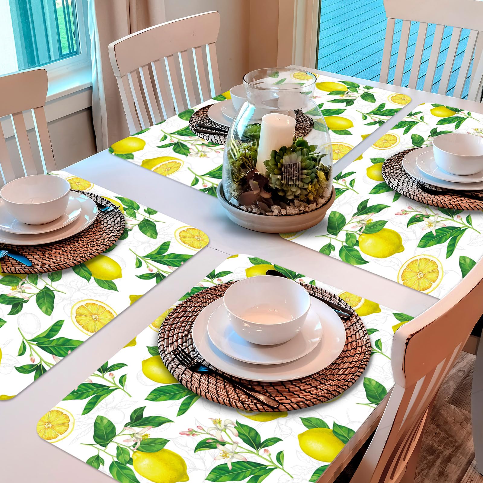 Lemon Placemats Set Of 6 Summer Plastic Table Mats Yellow Lemonade Theme Place Mats Washable Vinyl Rustic Holiday Table Decorati