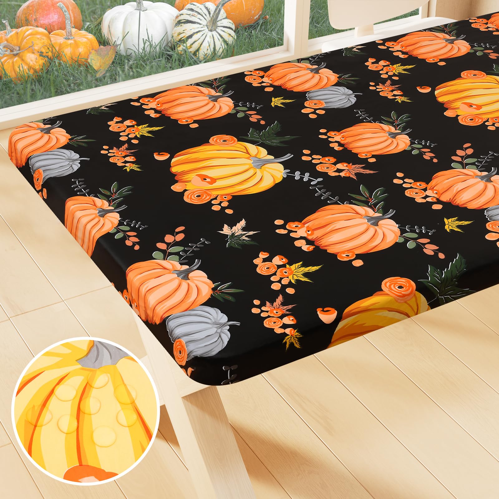 Smiry Plastic Thanksgiving Tablecloth, Pumpkin Waterproof Elastic Fitted Table Covers for 6 Foot Tables, Wipeable Flannel Backed