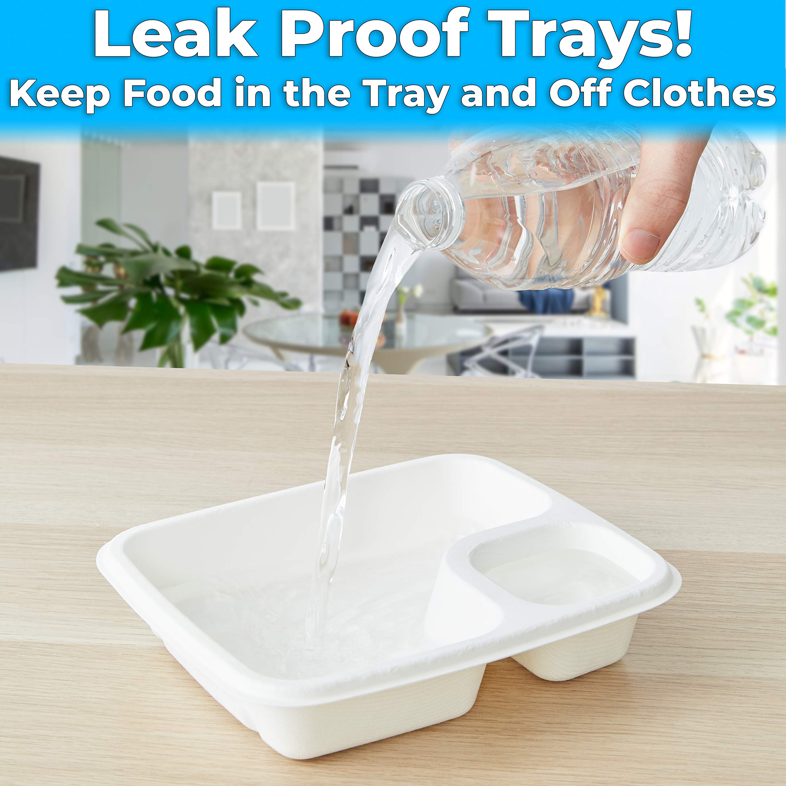 Leak-Free Compostable Bagasse Nacho Trays 100 Pk. Large 2 Compartment Microwave Safe Biodegradable Sugarcane Serving Platter. Du