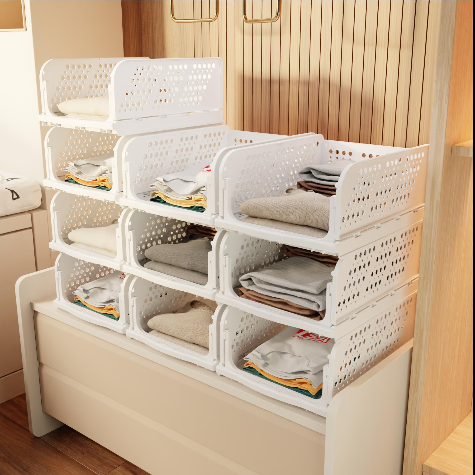 Amazon Basics Foldable & Stackable Clothes Organizer For Wardrobe | Set Of 10 (White), Plastic