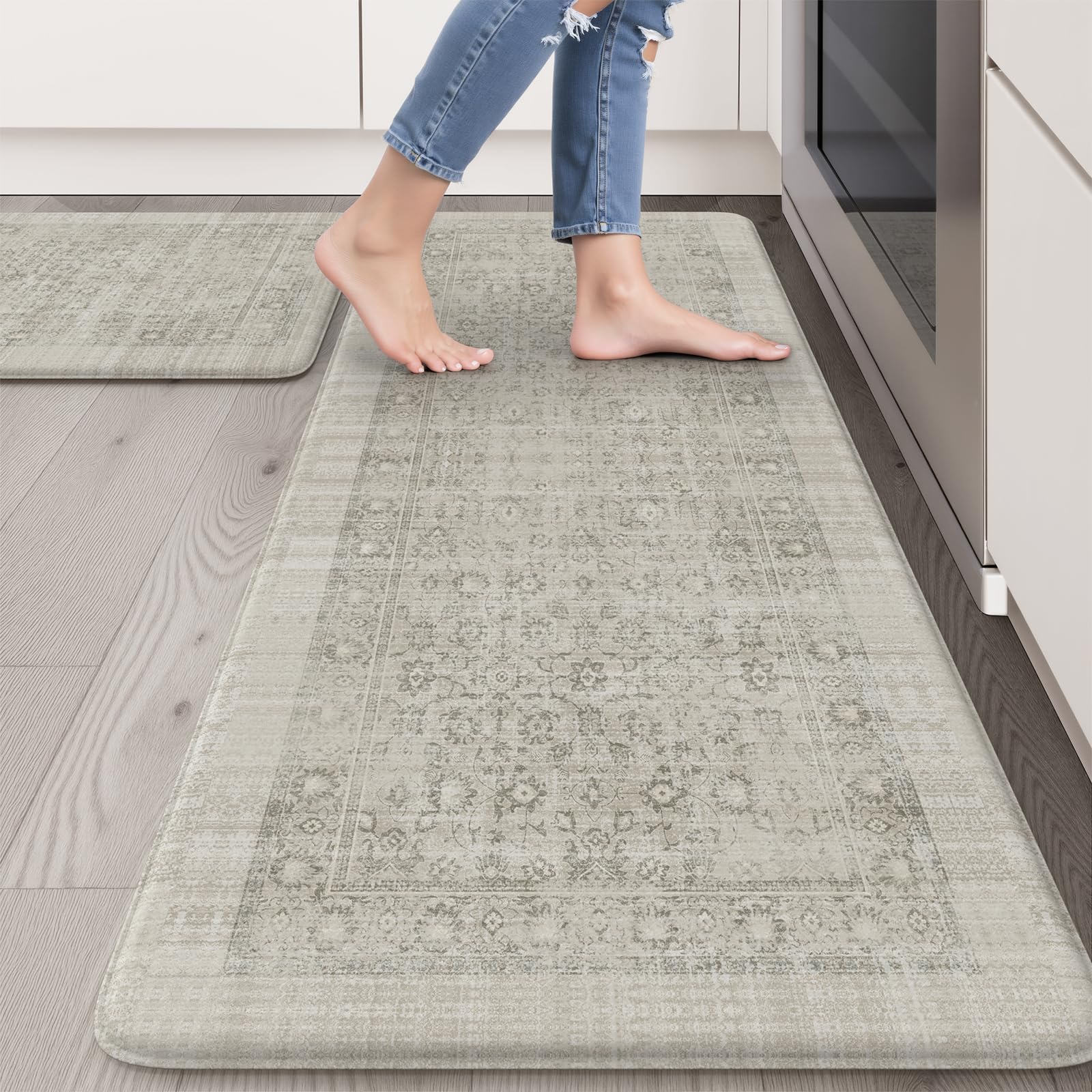 Sungea Farmhouse Kitchen Anti Fatigue Mat, Non Slip Cushioned Kitchen Floor Mats Waterproof Kitchen Rugs 20''X47''+20''X32'', Er