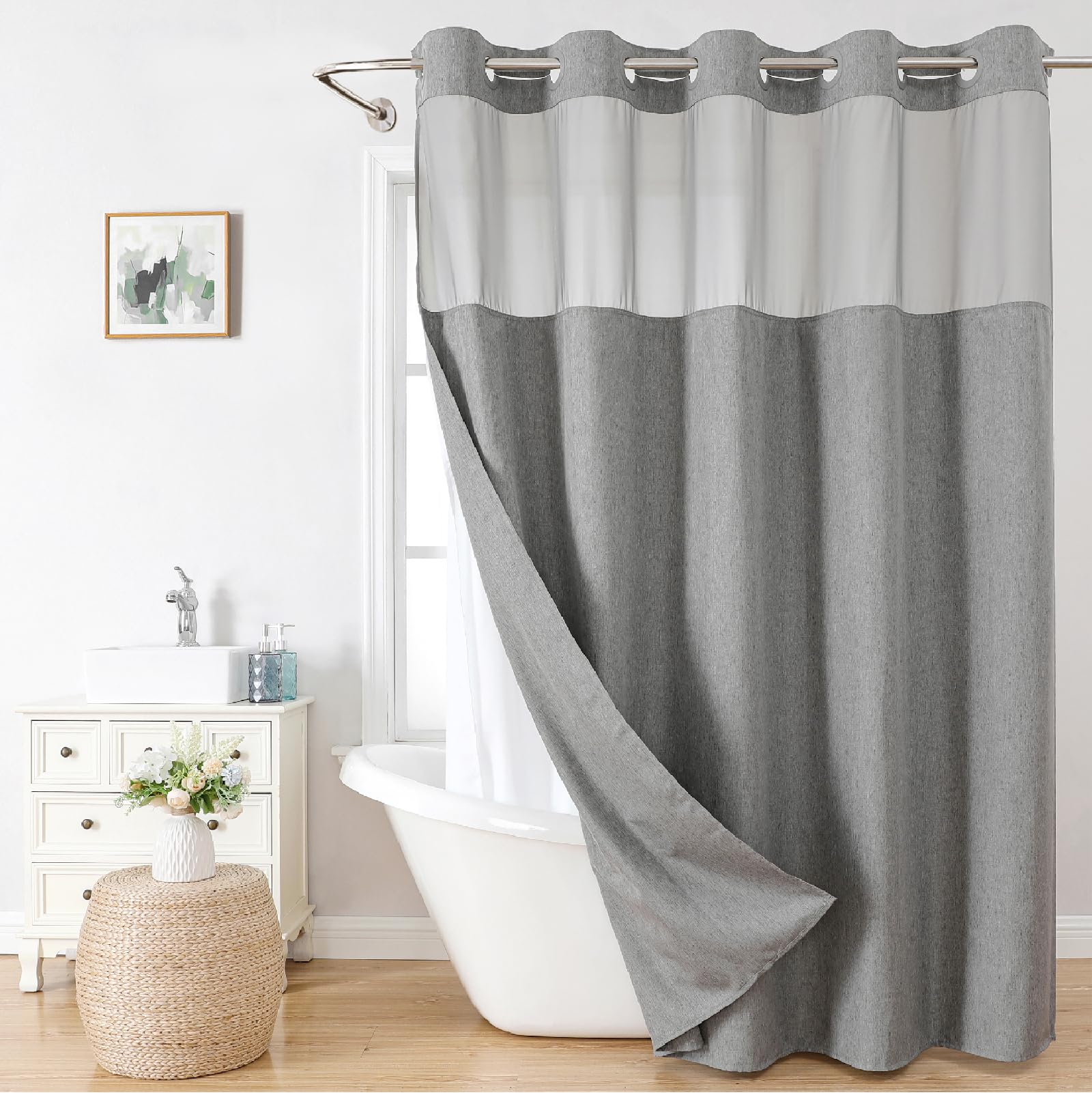 Eachope Extra Long No Hooks Needed Linen Textured Shower Curtain With Snap-In Fabric Liner Set,Grey Hotel Luxury Decor Shower Cu