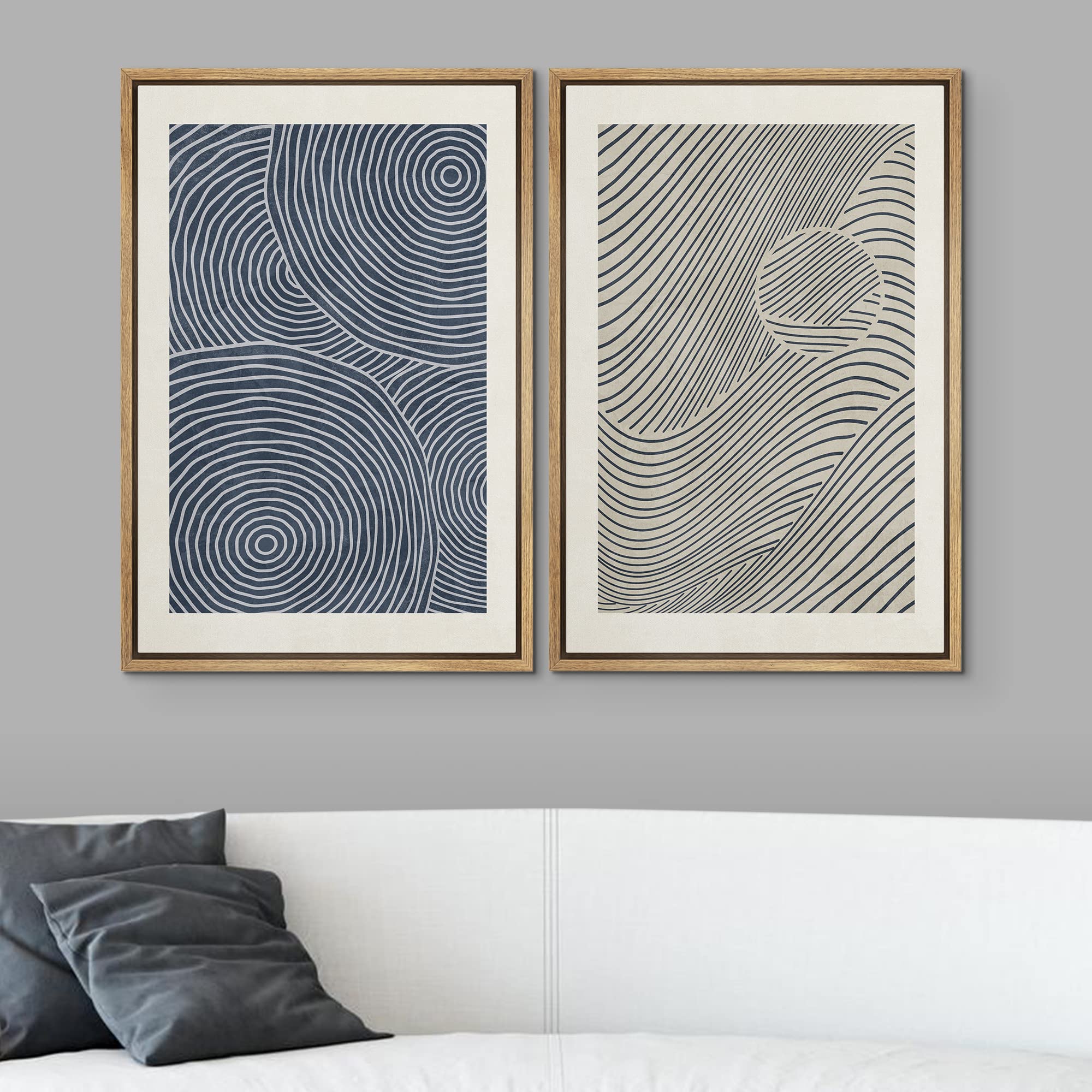 SIGNWIN Framed Canvas Print Wall Art Set Blue Black 3D Wave Nordic Geometric Landscape Abstract Shapes Illustrations Minimal Decorative Bohemian for Living Room  Bedroom  Office - 24''x36''x2 Natural