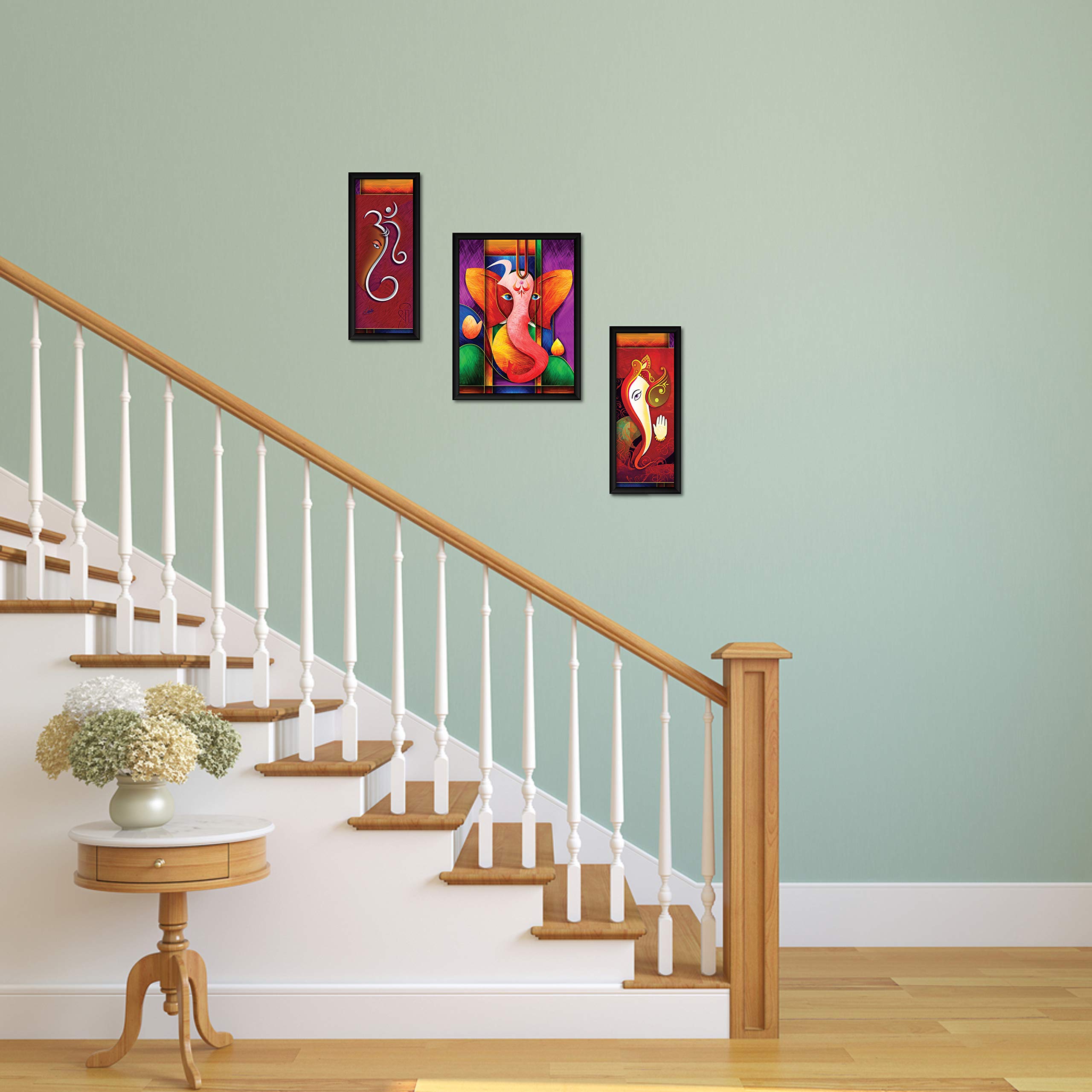 ArtX Paper God Ganesha/Ganpati Ji Multicolor Photo Frame Wall Art Painting, Multicolor, Abstract, 13.0 X 22.0 Inches, Set of 3