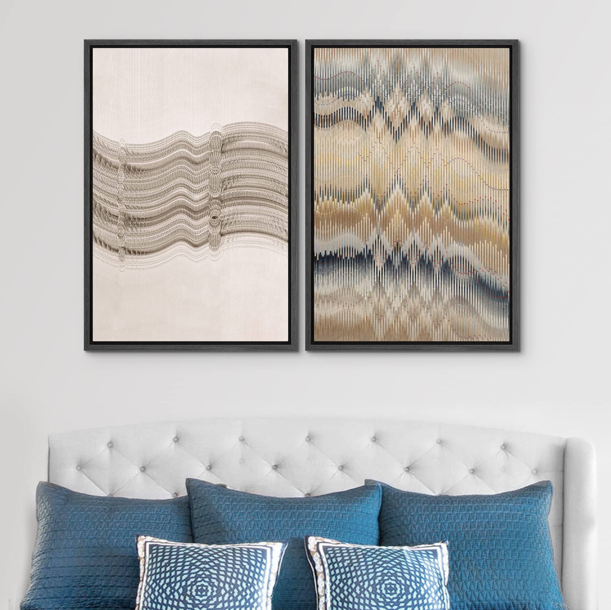 SIGNWIN Framed Canvas Print Wall Art Set Multicolor Geometric Wave Pattern Abstract Shapes Illustrations Minimalism Decorative Bohemian Relax/Zen for Living Room  Bedroom  Office - 24''x36''x2 Black