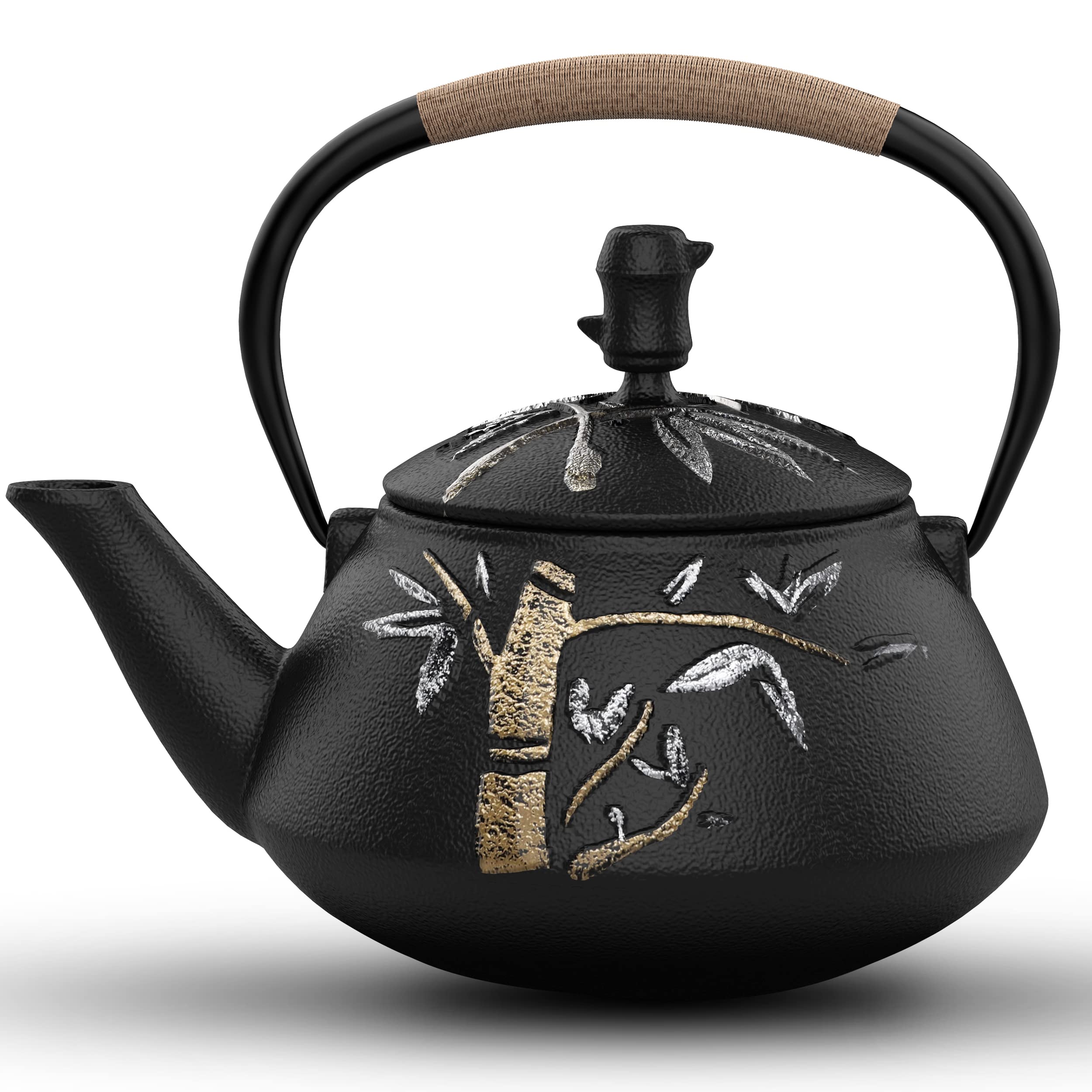 Tea Kettle, Cast Iron Tea Pot With Stainless Steel Infuser, Japanese Tea Pots For Stove Top, Unique Hand Painted Bamboo Pattern,