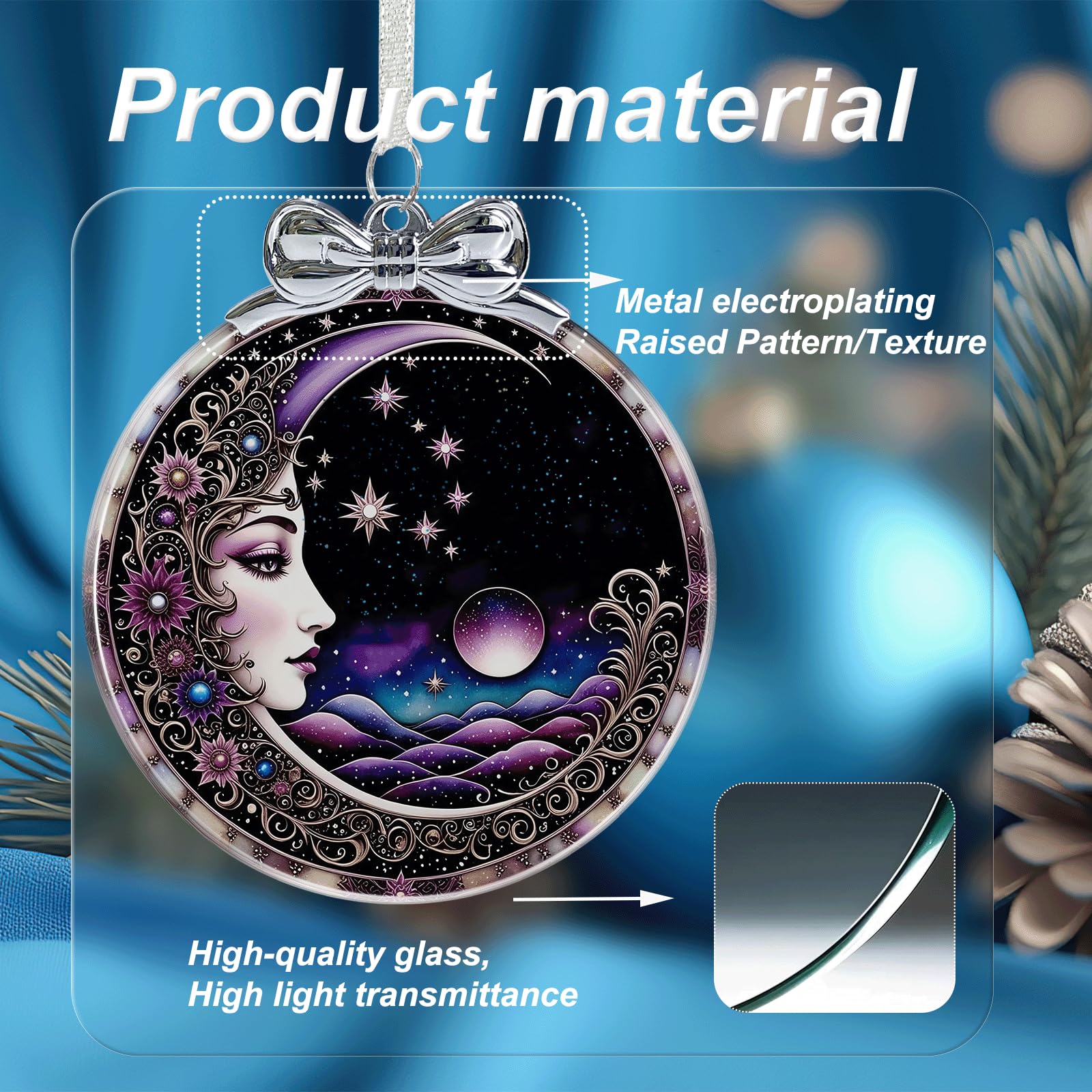 Sun and Moon Christmas Ornament Crystal Glass with Gift Box- Hanging Ornaments for Christmas Tree Xmas Decorations, Holiday Keep