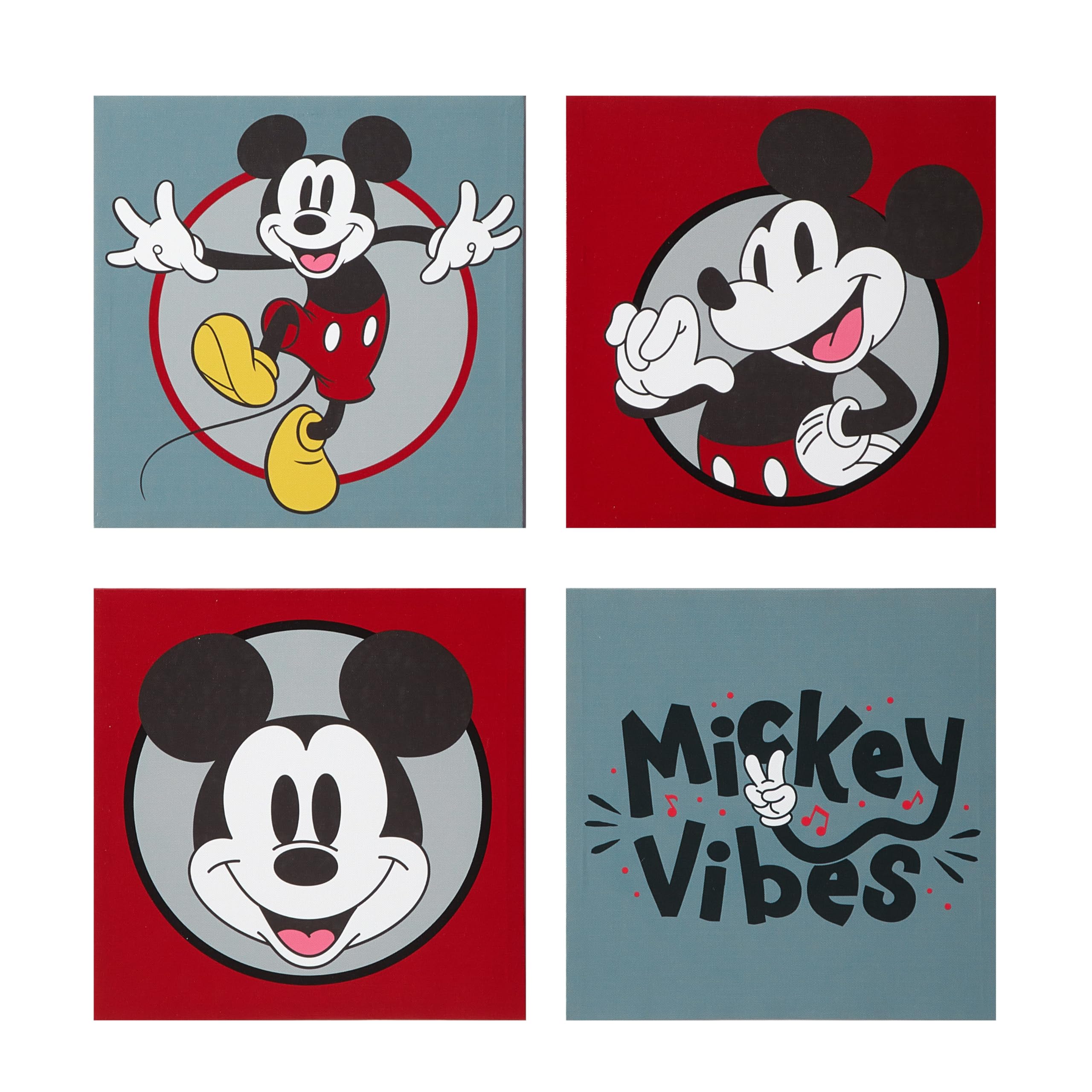 Idea Nuova Disney Mickey Mouse Retro 4 Pack Canvas Wall Art Set,Childrens Wall Hanging D  Cor,Each Piece 12''X12''
