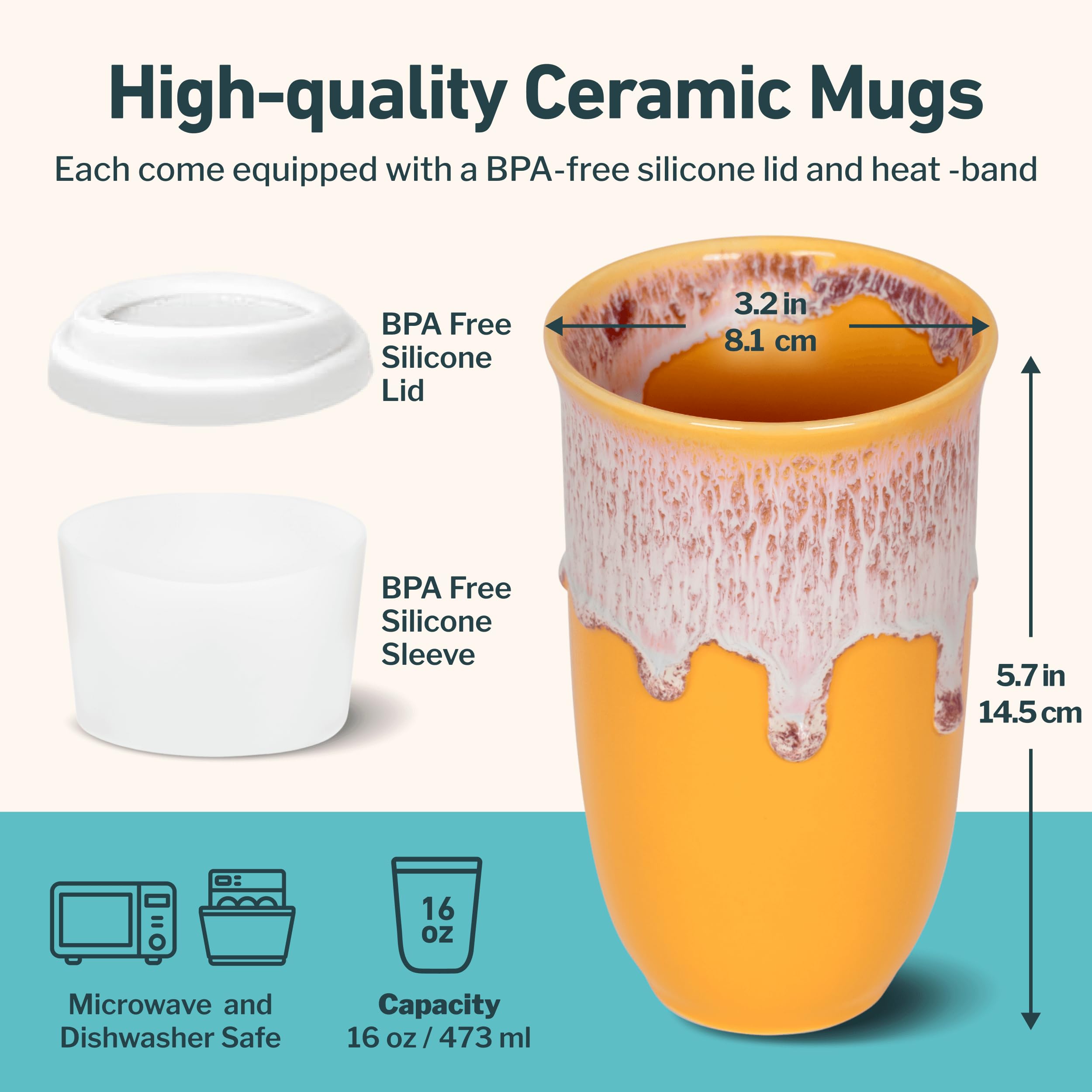 NOVA CERAMICS Ceramic Tumbler- Ceramic Travel Mug With Lid - Microwave & Dishwasher Safe Coffee White & Orange Tumbler - Gifts F