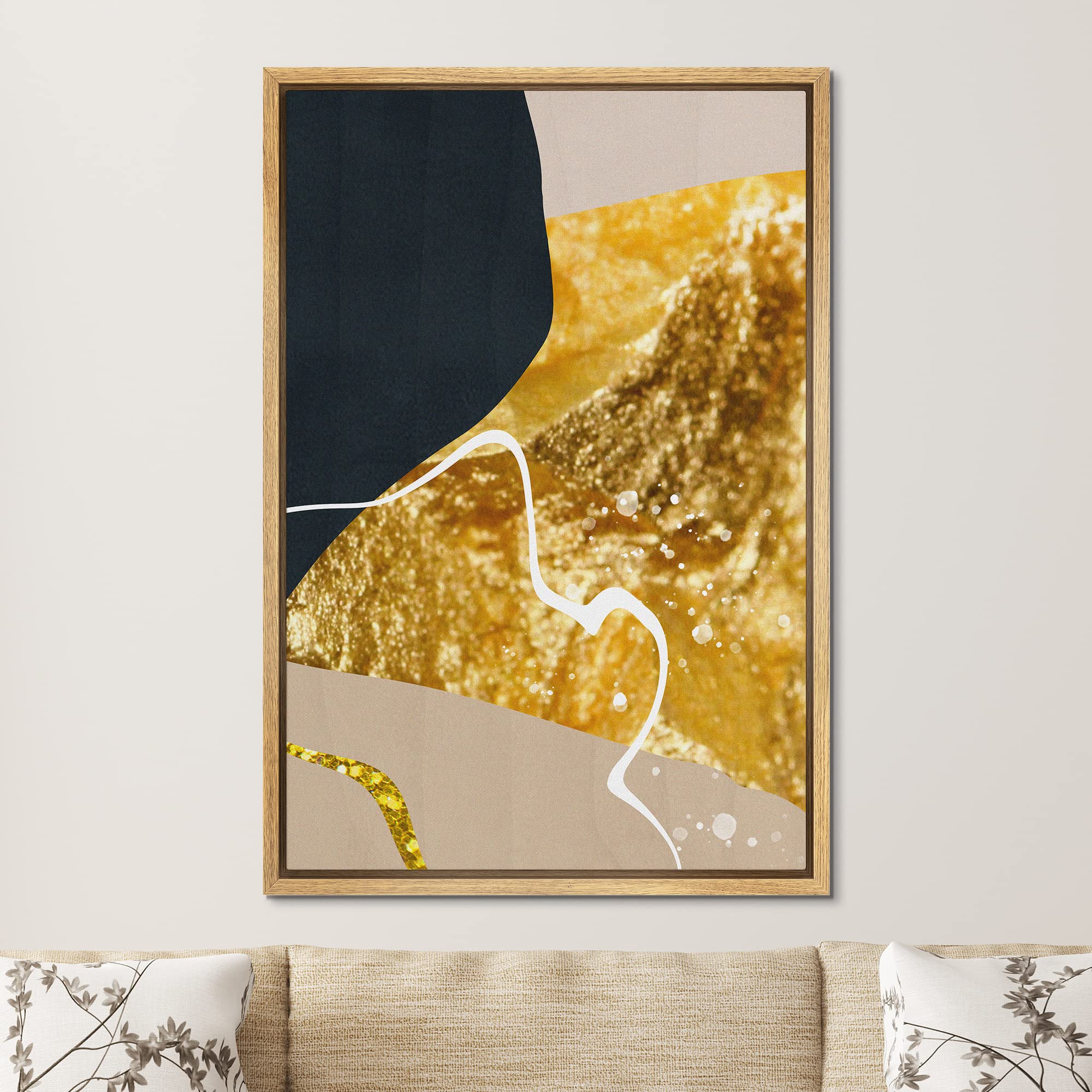 Signford Framed Canvas Print Wall Art Gold Granite Marble Geometric Blocks Abstract Shapes Illustrations Modern Art Decorative B