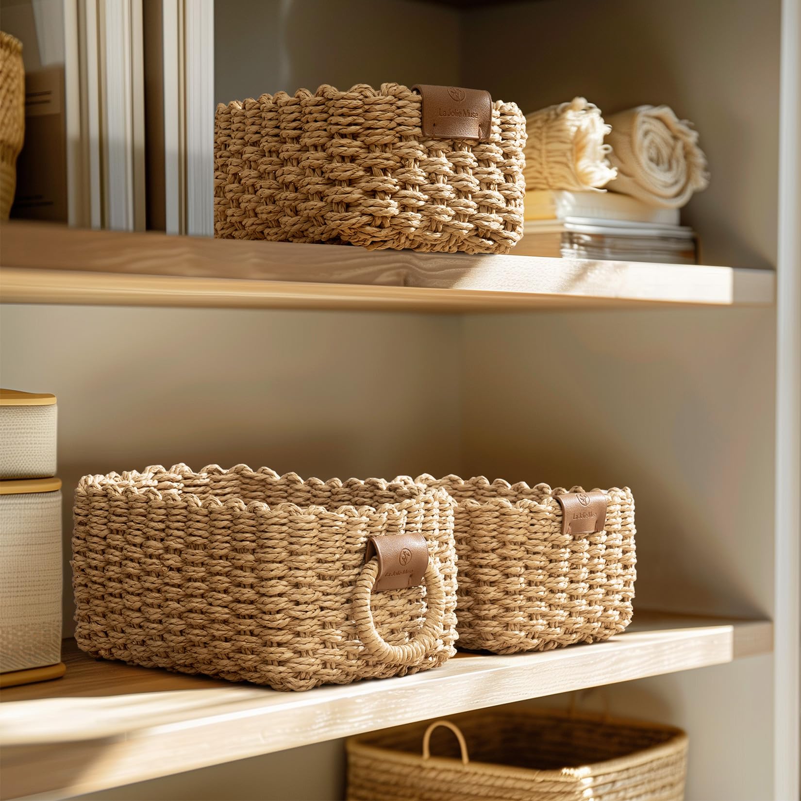 La Jolie Maison Small Sand Wicker Baskets Set Of 3, Paper Rope Storage Baskets With Handle, Small Woven Baskets For Organizing,