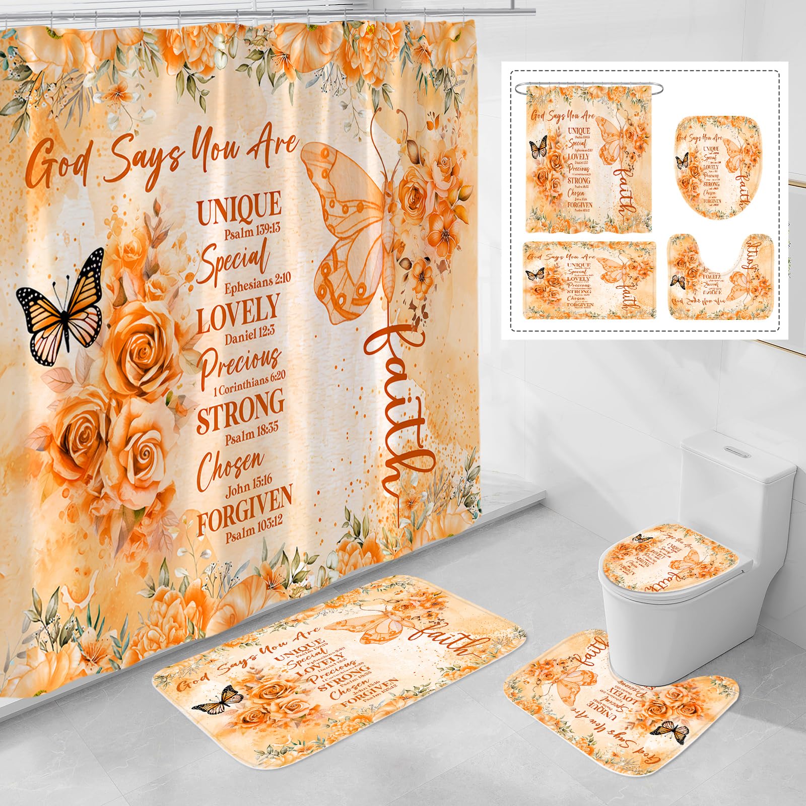Litabel 4 Pcs Orange Butterfly Inspirational Quotes Shower Curtain Set With Rugs And Toilet Lid Cover, Colorful Boho Waterproof