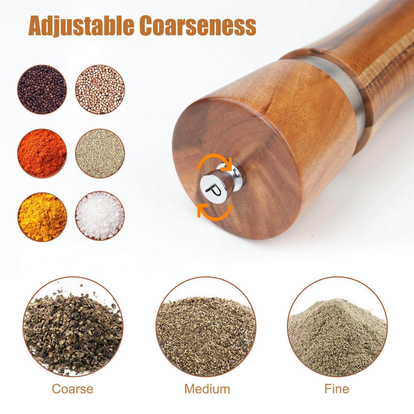 Pepper Grinder, Vanlonpro Wooden Pepper Mill Salt Mill, Adjustable Coarseness Peppermill And Easily Refillable, Ceramic Grinding
