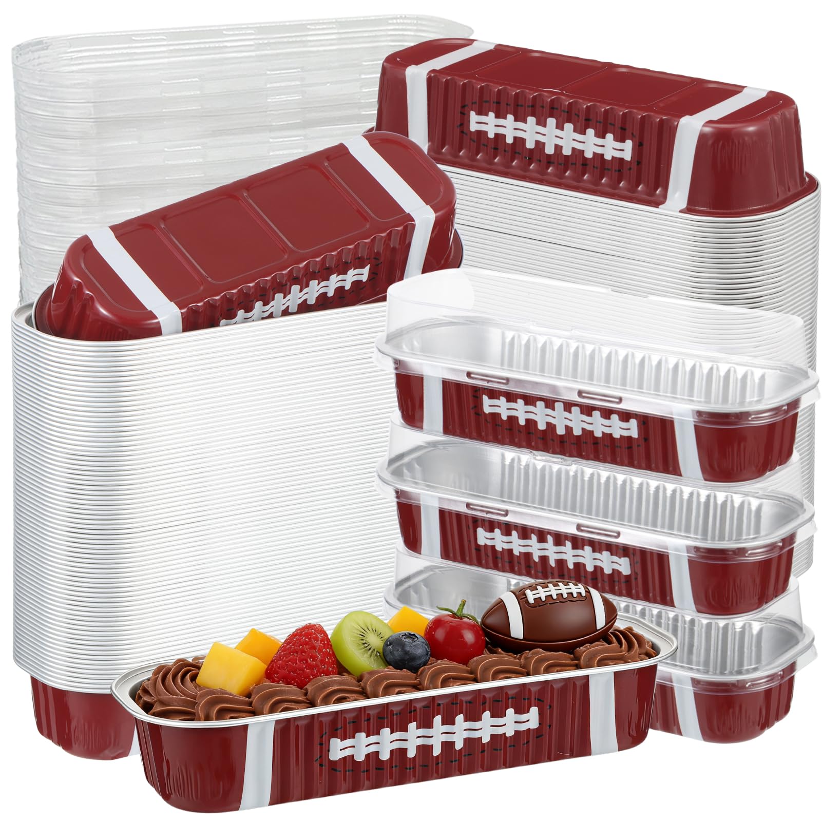 PAJIXANTHIC 100Pcs Mini Loaf Pans with Lids,6.8oz Rectangular Aluminum Foil Baking Pans Disposable Mini Cake Pans,Football