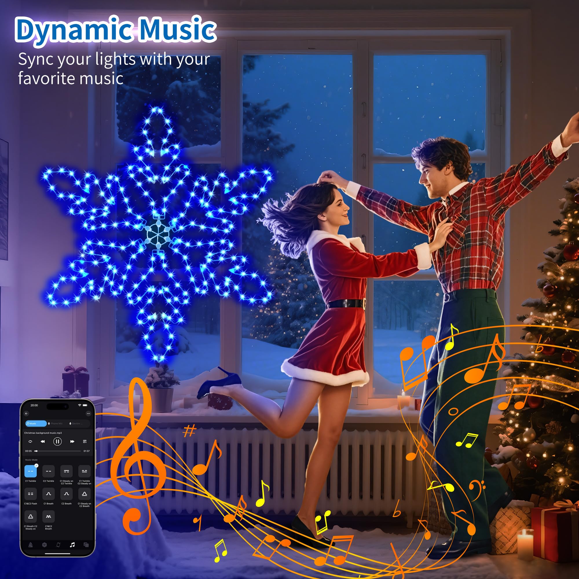 LiuZpatial Led Snowflake Lights Outdoor, 36 219 LED Smart Blue White Snowflake Christmas Lights with APP Remote Control Timer Mu