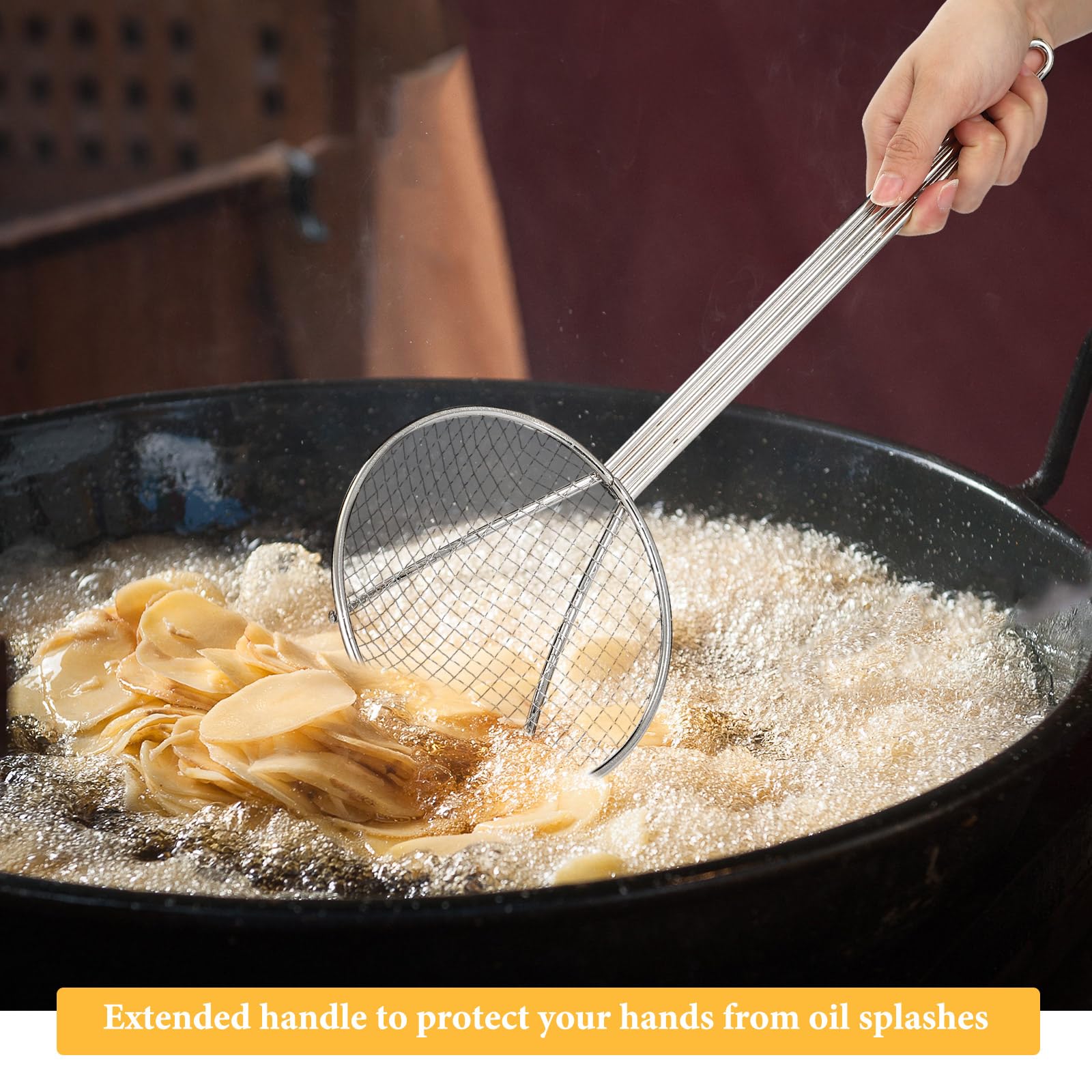 Baderke 2 Pcs 16 Inch Round Nickel Plated Wire Skimmer Stainless Steel Food Strainer Skimmer Spoon Mesh Stirring Fryer Skimmer W