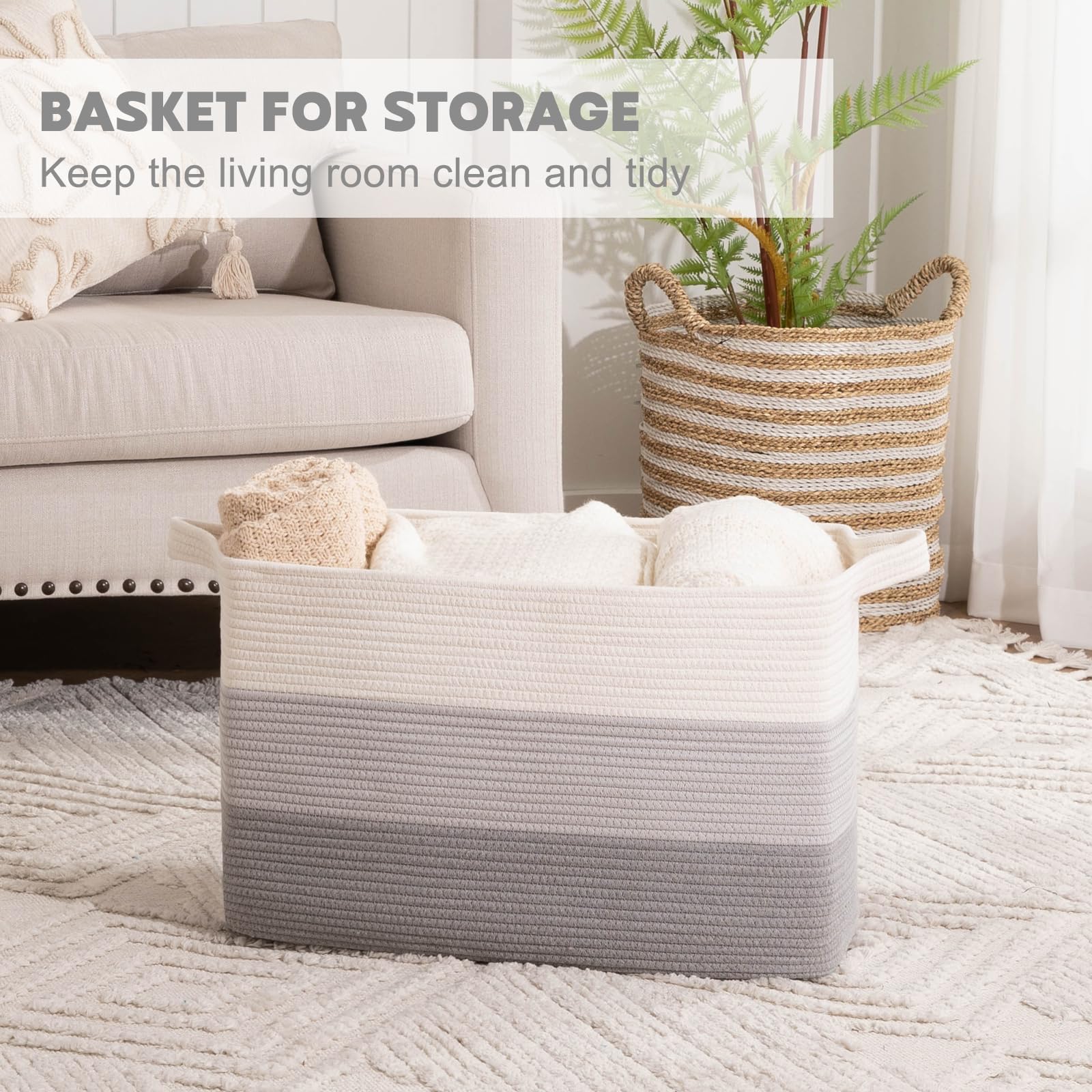Oiahomy Extra Large Blanket Basket, 90L Cotton Rope Woven Laundry Basket, Toy Basket For Baby Room, Basket For Blanket Storage I