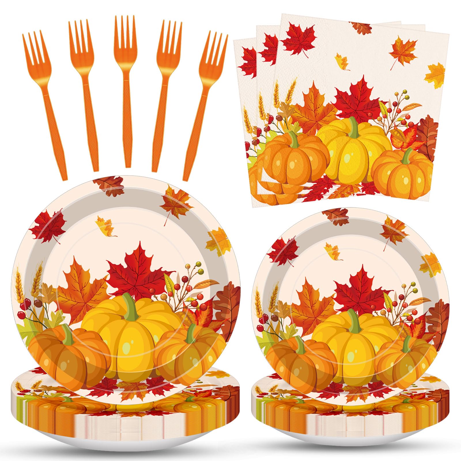 100 Pcs Fall Pumpkin Maple Tableware Party Supplies Set, Serves 25 - Disposable Autumn Harvest Paper Plates, Napkins, and Forks,