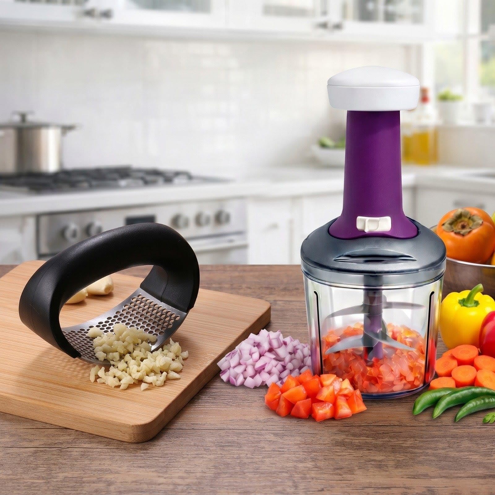 Push Chopper With 6 Stainless Steel Blades, 1100Ml, Manual Garlic Press Crusher Combo, Vegetable, Onion, Ginger Cutter And Grind
