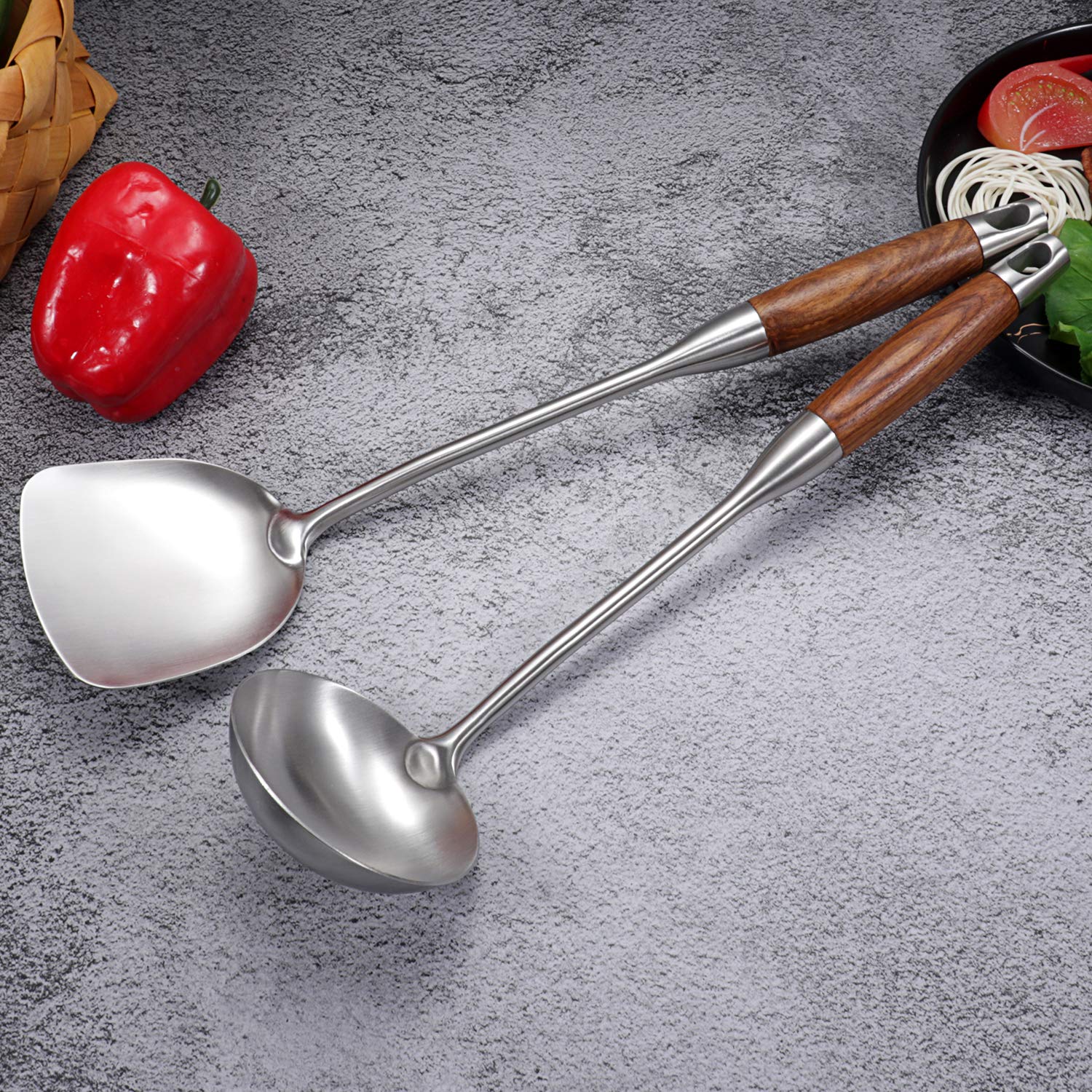 Wok Spatula & Ladle Tool Set, Aoosy 18/10 Stainless Steel Cooking Utensils, Wooden Handle Wok Utensils Soup Ladle 15 Inches Set