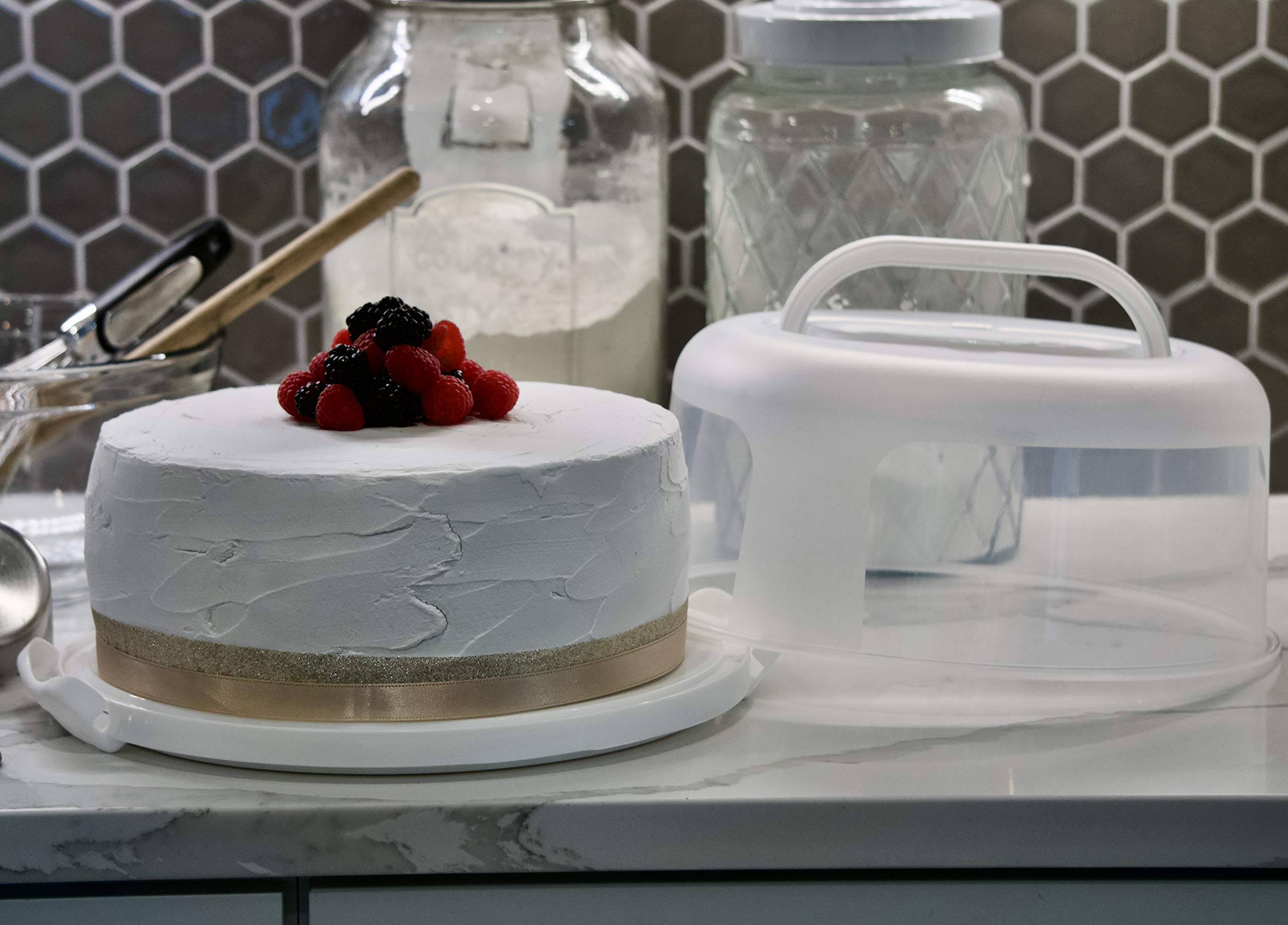 Top Shelf Elements Round Cake Carrier Two Sided Holder Serves As Five Section Serving Tray, Portable Stand Fits 10 Inch Cake, Bo