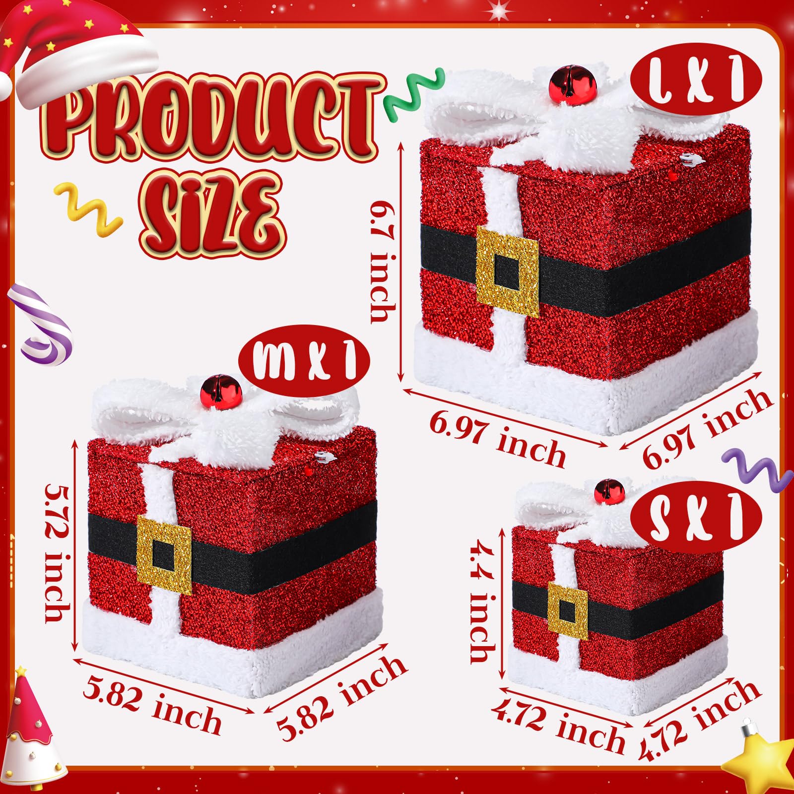Geelin Set of 3 Christmas Lighted Gift Boxes with Santa Claus Belt in 3 Sizes 60 LED Light up Boxes Under Tree Present Box Decor