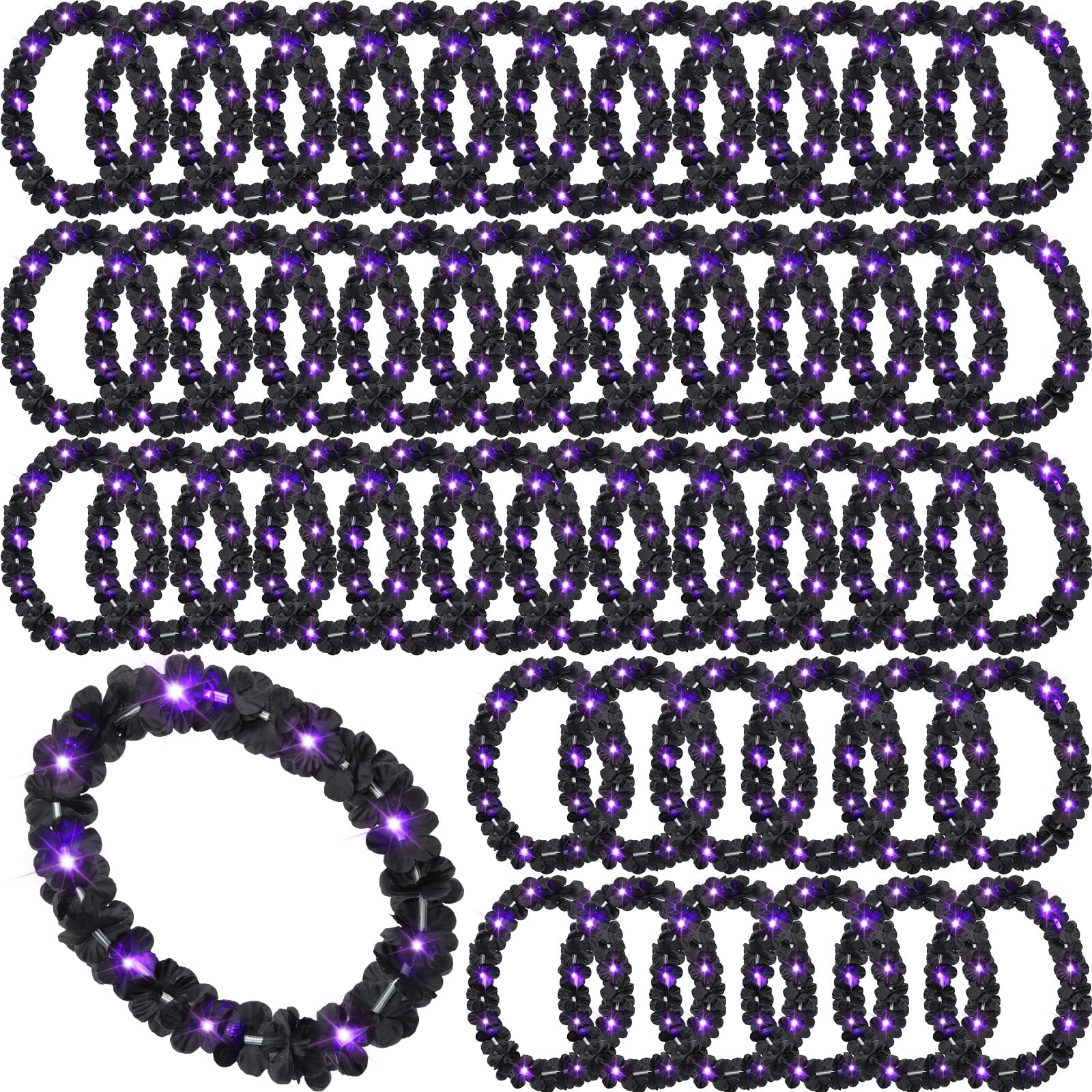 Sherr 48 Pcs LED Hawaiian Leis Light up Flower Leis Necklace with LED Lights Luau Flowers Necklaces for Masquerade Beach Wedding