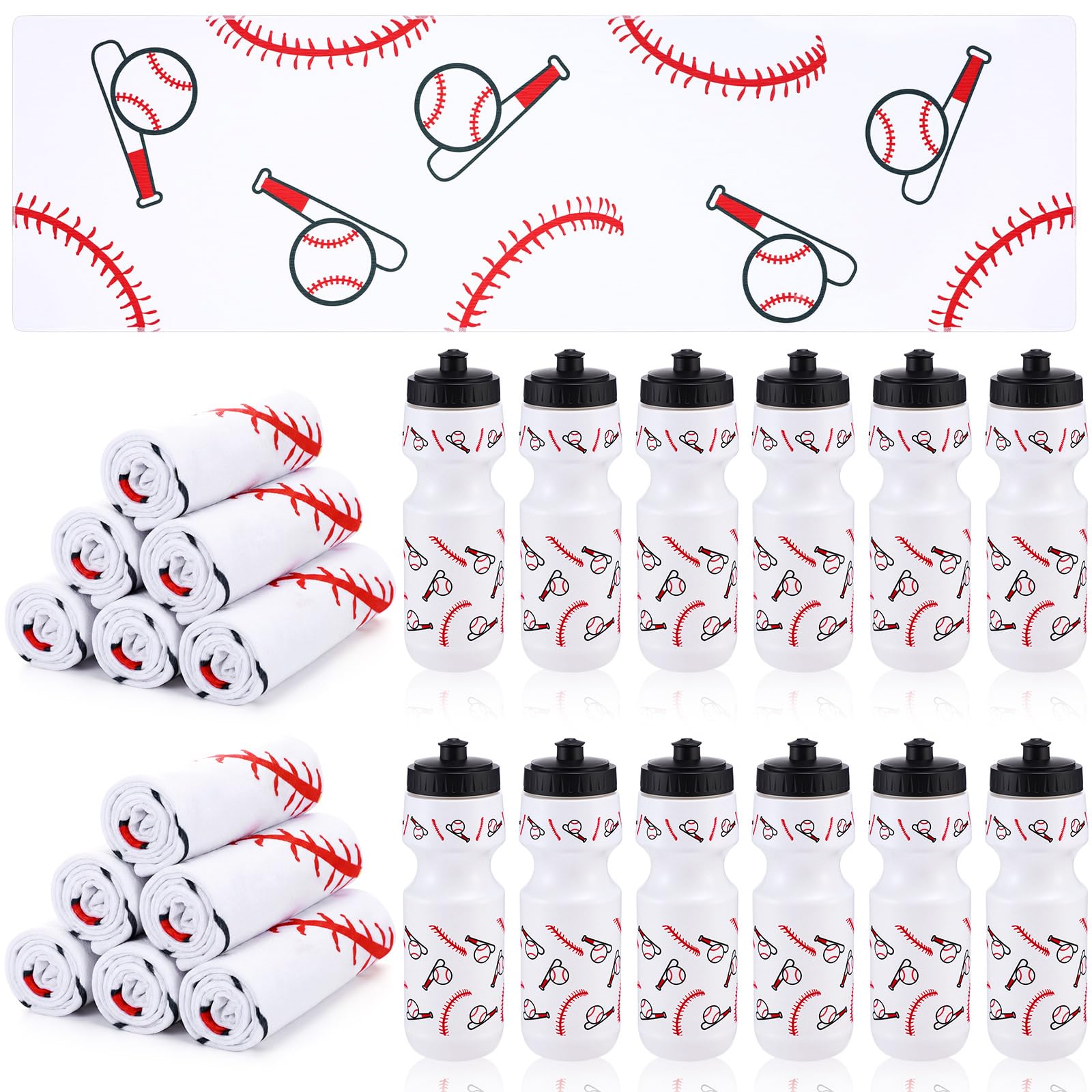 24 Pcs Sports Water Bottle Cooling Towel Set Include 12 Baseball Water Bottle 12 40x12 Cooling Towels Sports Themed Accessories 